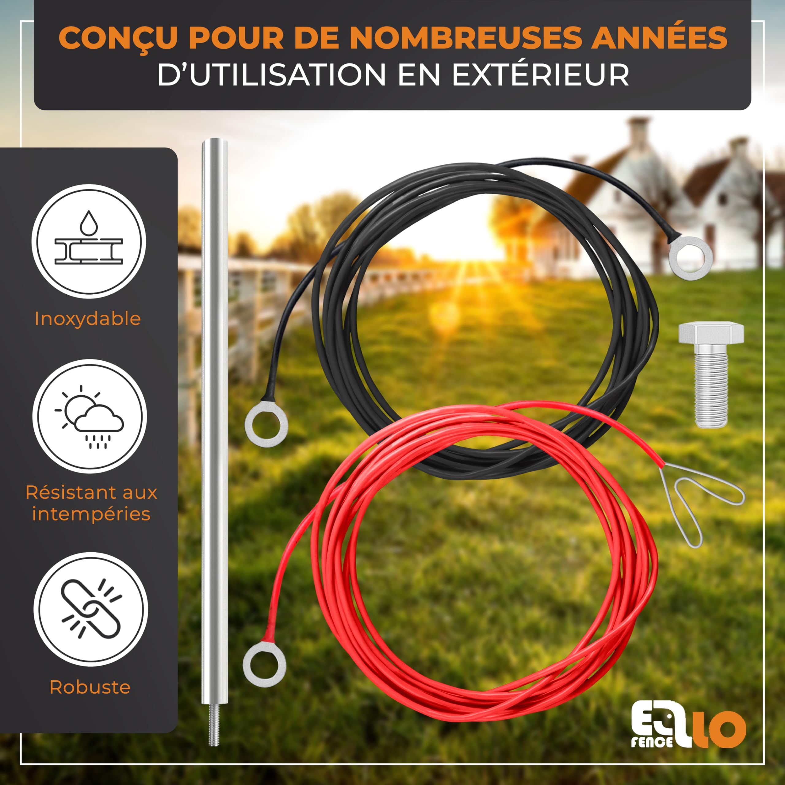 Kit de mise à la terre pour clôture électrique - Piquet de terre robuste en acier inoxydable avec accessoires - Piquet de terre avec câble de terre & raccord - Set mise à la terre