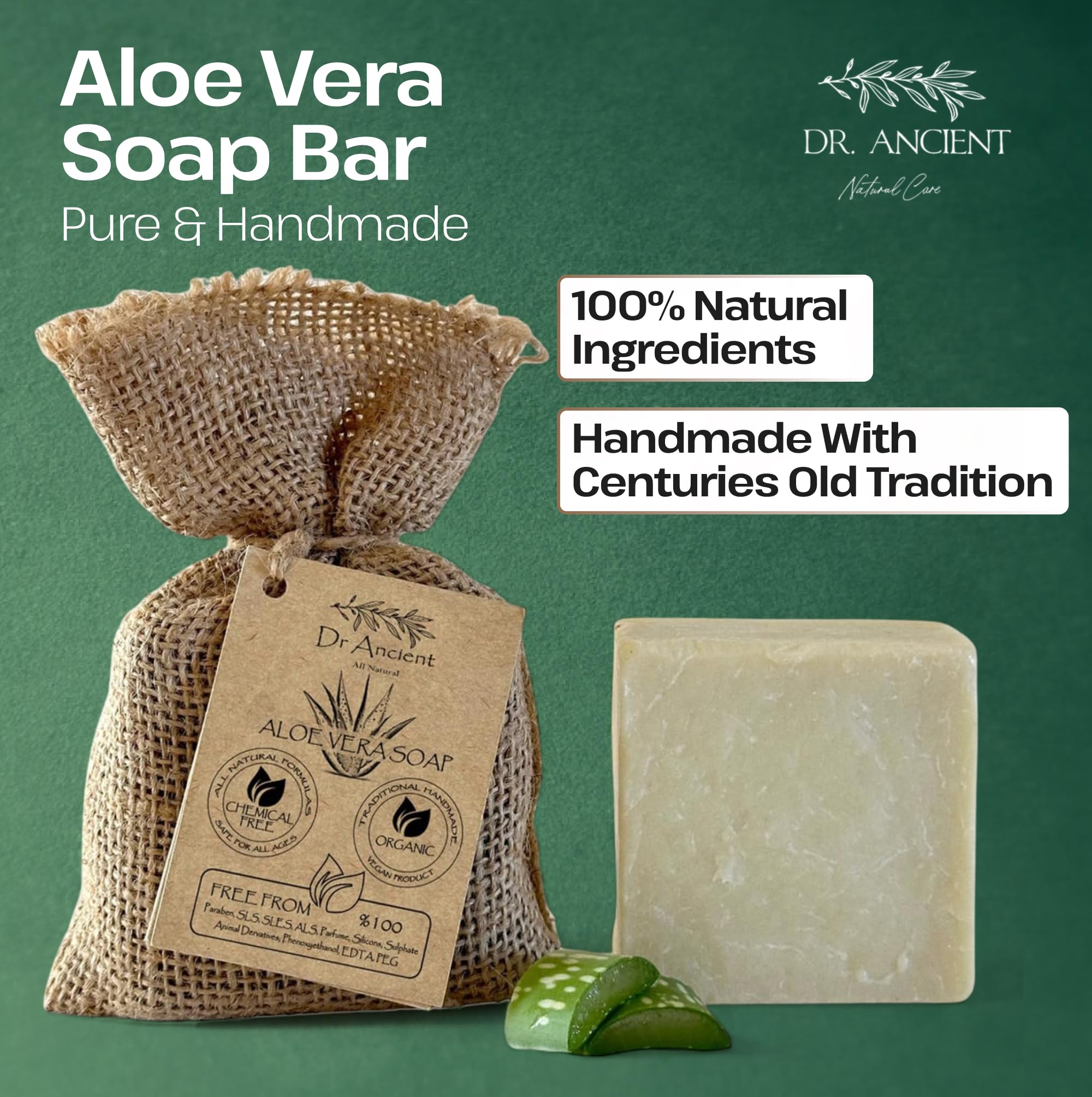 Dr.Ancient Aloe Vera Soap Bar, Organic Soap Bars Handcrafted the Traditional Way, Natural Chemical-Free, Vegan, Used for Face Wash, Body Wash, Hand Cleansing and Skin Care