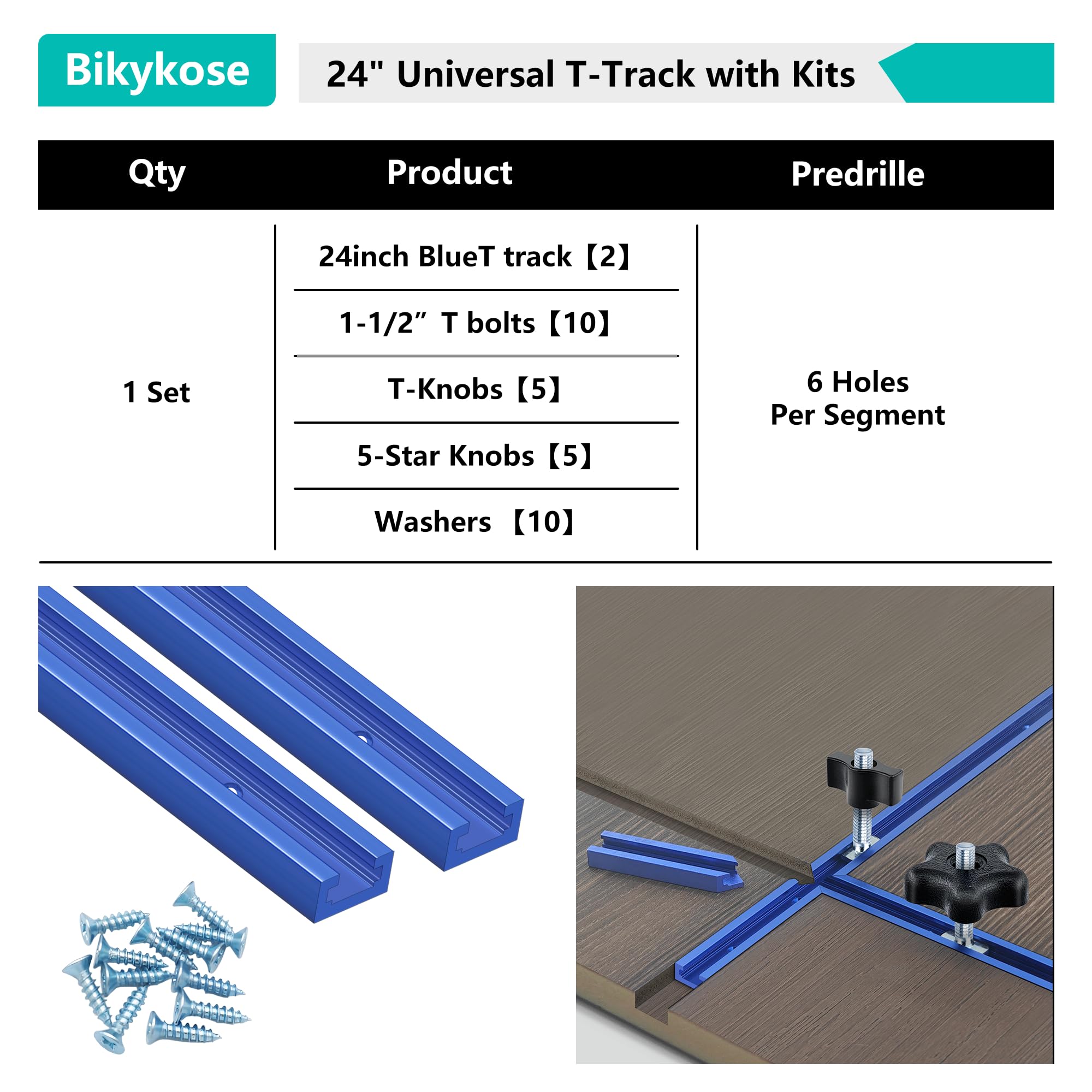 2 Stück 61 cm T-Schiene mit 20 Stück T-Track-Knauf-Set für Holzbearbeitung mit Schrauben, Aluminiumlegierung, Holzbearbeitungswerkzeuge, Doppelschnittprofil, Universal-T-Schienen mit vorgebohrten
