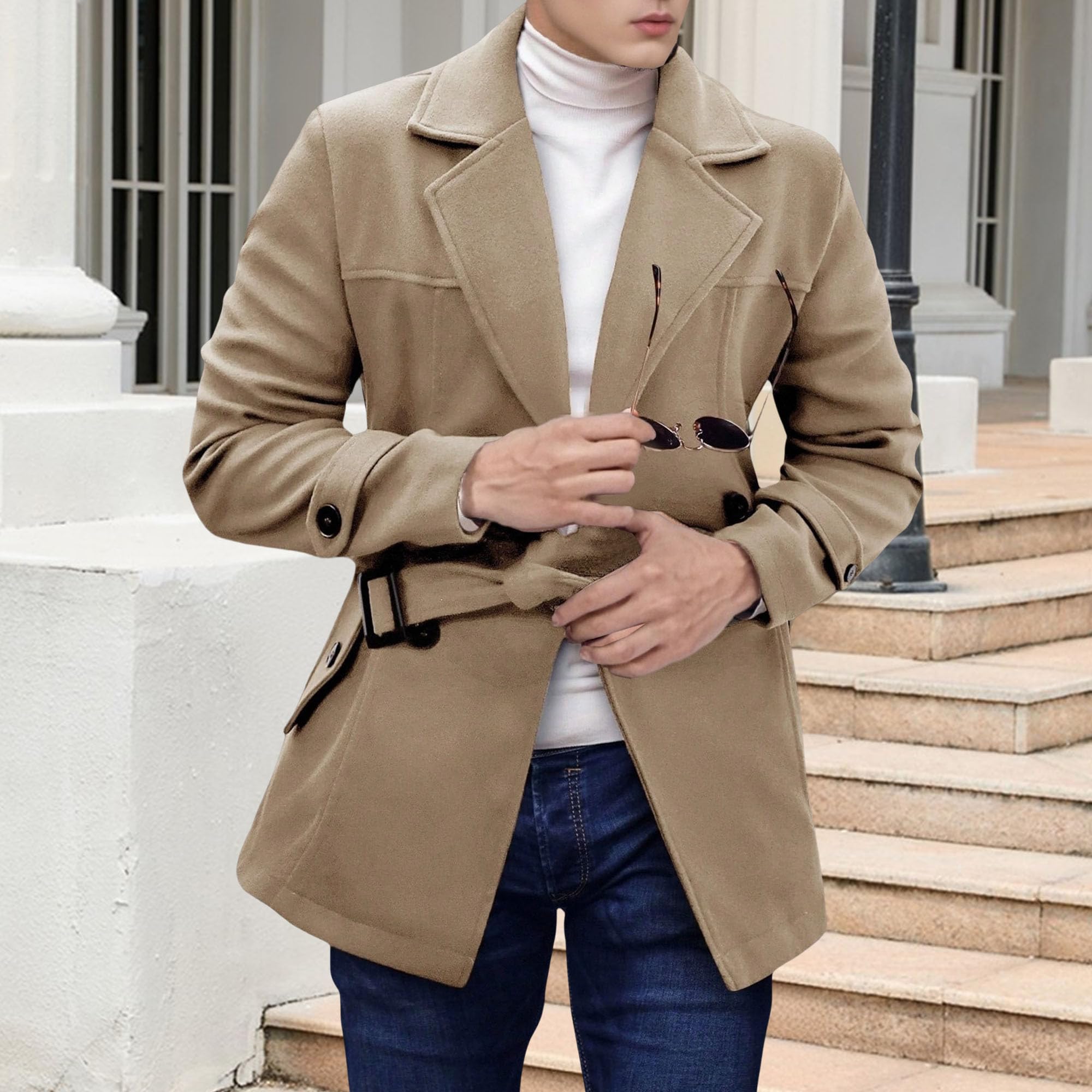 Gabardina con cuello de muescas para hombre con cinturón, doble botonadura, térmica, para invierno, chaqueta casual de mezcla de lana