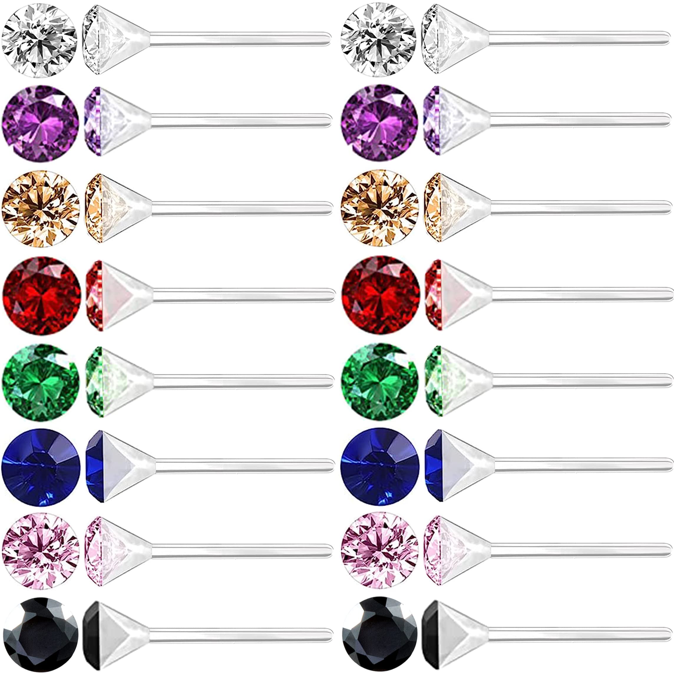 8 Pairs Anti Allergy Plastic Earrings for Sensitive Ears, Include 8 Pairs Silicone Soft earring backs, Plastic Post Earrings for Women, Birthstone Cubic Zirconia Stud Earrings Kit 2mm 3mm 4mm 5mm in one Set