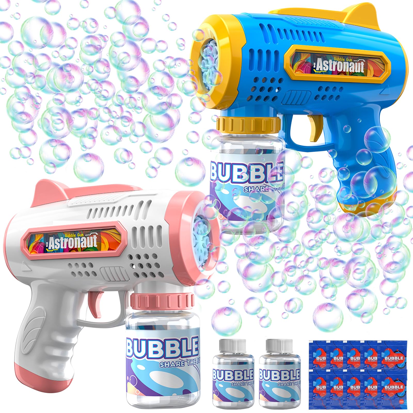 2 Pcs Pistola de Burbujas para Niños, Pistola Burbujas, Pistola de Burbujas Automática, Pistola de Pompas de Jabon, con 240ml Solución de Burbujas para Fiesta, Actividad al Aire Libre, Bodas