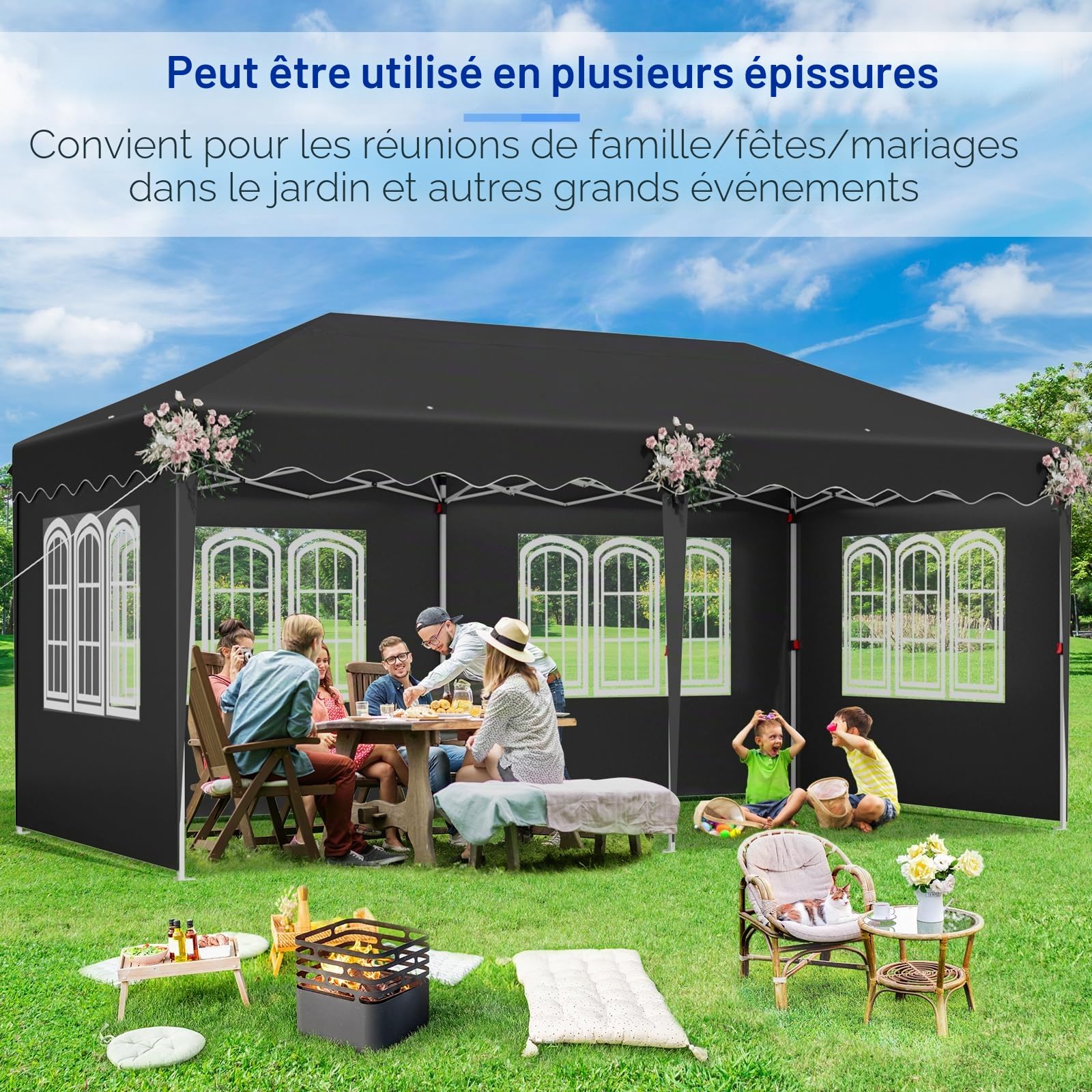 Tonnelle Pliante 3x6 Imperméable,Tente de Reception avec 6PCS Panneaux Latéraux,Tonnelle de Jardin 3x6,Protection UV 50+,420D Oxford,avec Sac de Rangement,Cour, Marché, Plage, Camping, Fêtes,Noir