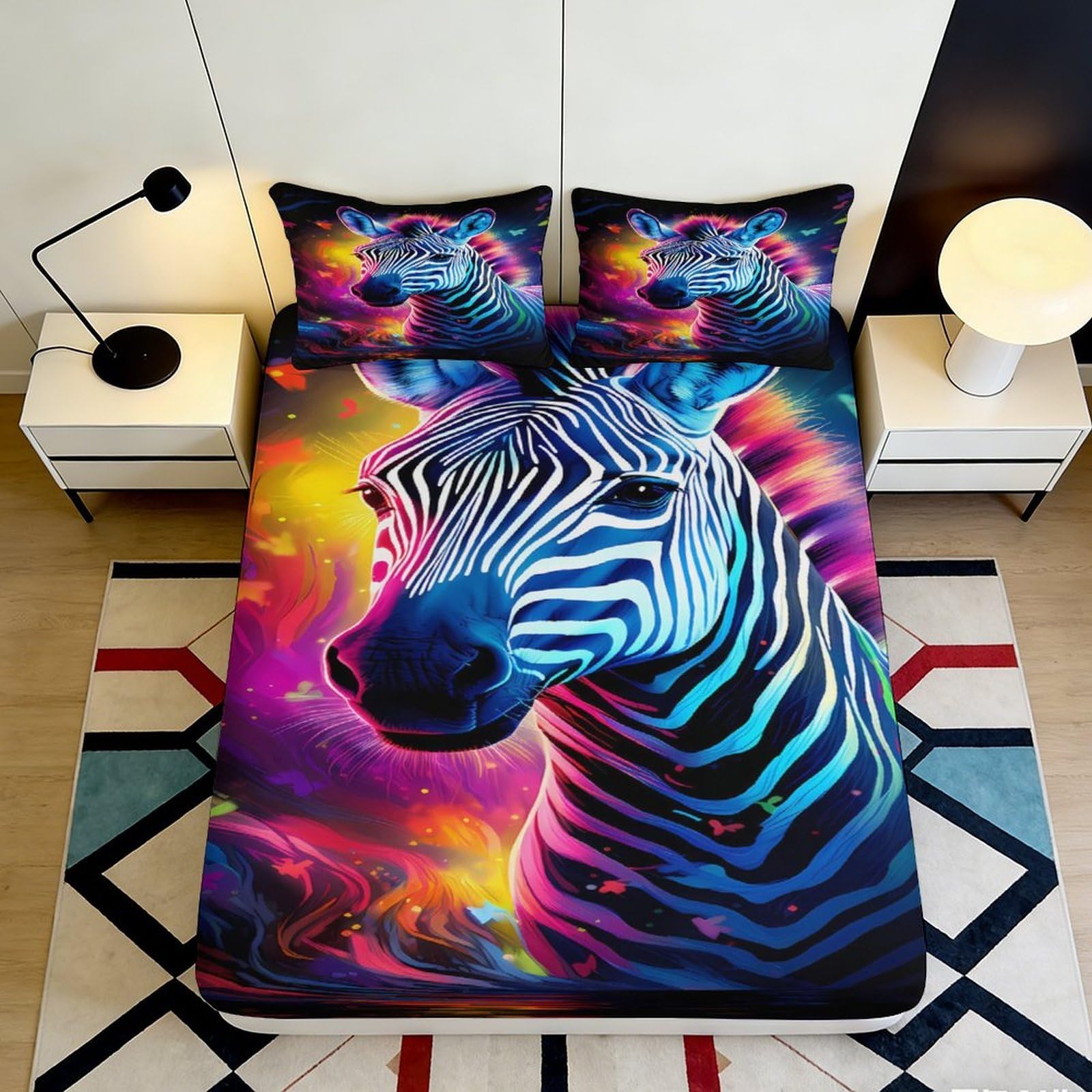 3D Printed Neon Zebra Fitted Sheet Microfiber Soft Vibrant Rainbow Mattress Cover for Bedroom Guest Room Decor 90x200x25cm