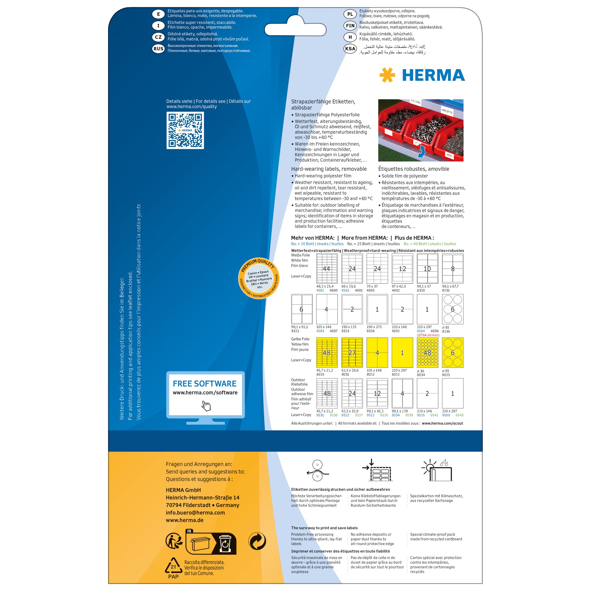 HERMA 4571 Wetterfeste Folienetiketten ablösbar rund, 20 Blatt, Ø 30 mm, 48 pro A4 Bogen, 960 Stück, selbstklebend, bedruckbar, matt, blanko Klebeetiketten Aufkleber aus Folie, weiß