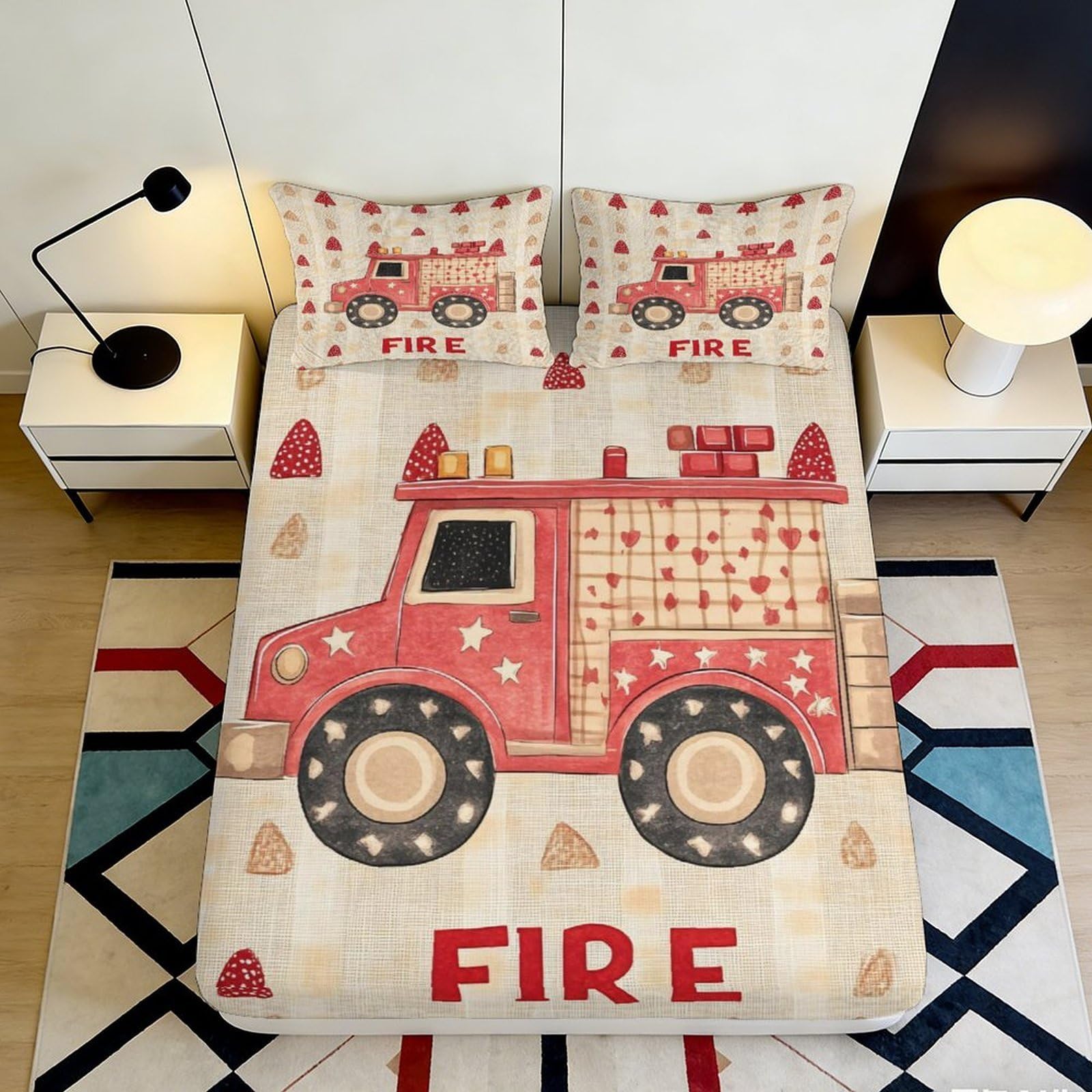 3D Printed Fire Truck Fitted Sheet Microfiber Red Cartoon Mattress Cover Anti-Slip Washable for Bedroom Dorm Decor 160x200x25cm