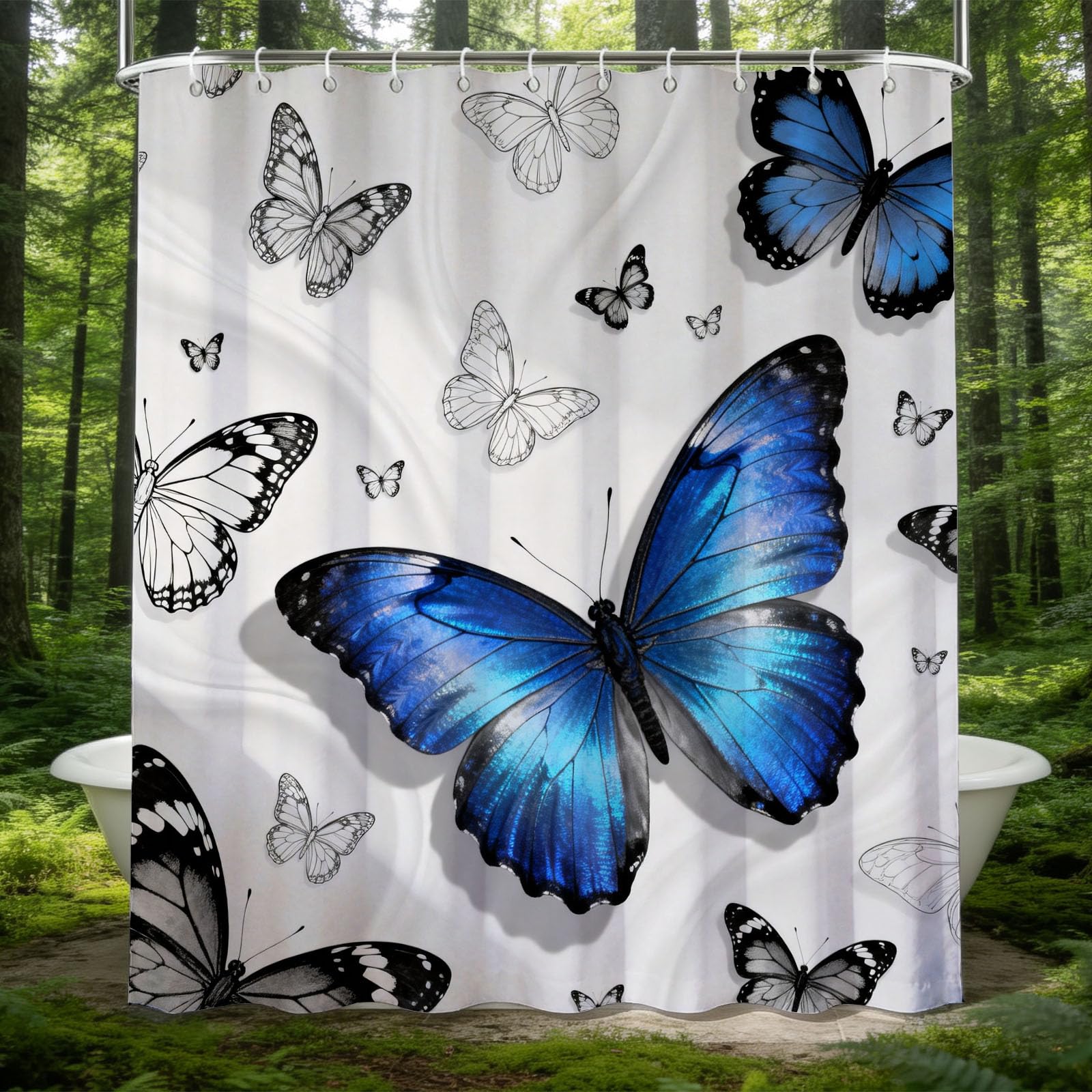 Hongduo 3D Butterfly Blue Shower Curtain for Stalls Bathtubs Cartoon Bathroom Decor Shower Curtain Set Polyester Fabric Waterproof 180x180cm/71X71 Inch with Hooks