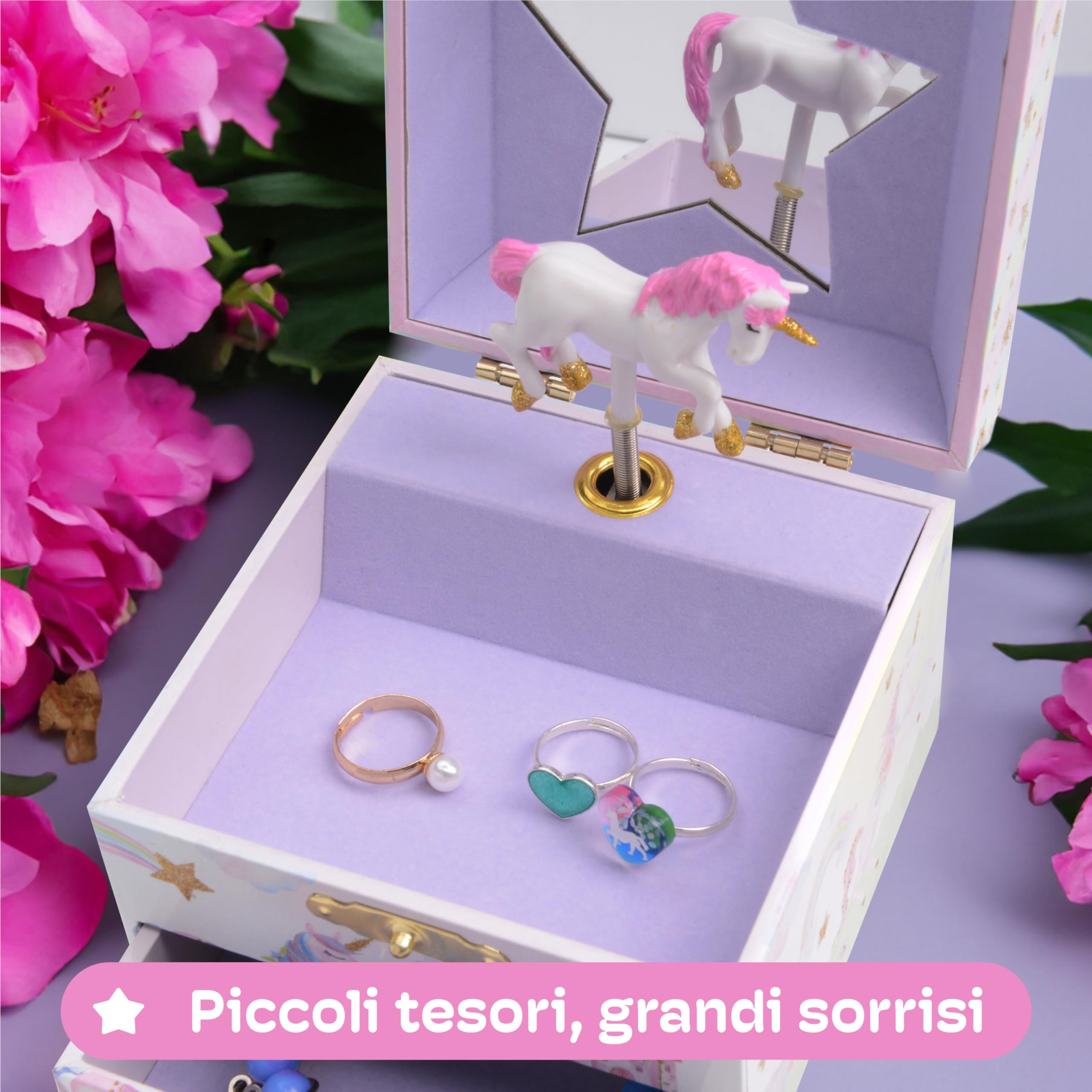 Jewelkeeper Carillon Portagioie Bambina - Porta Gioie con Unicorno, Specchio Stella, 2 Cassetti - Design con Paillettes, Dettagli Incantevoli per Conservare Gioielli e Ricordi