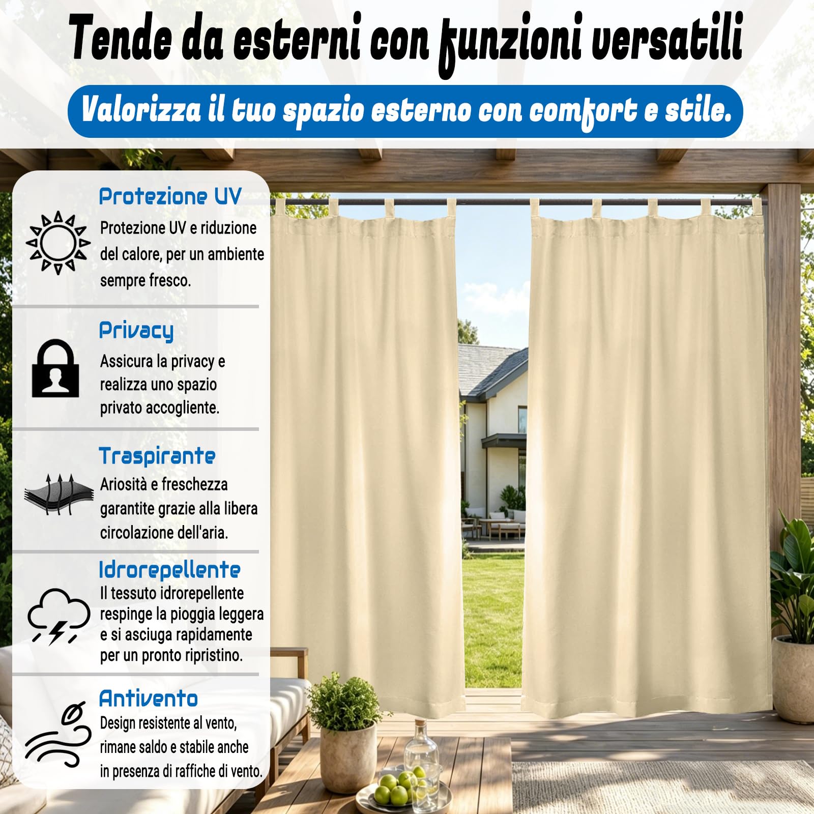 Tende da Esterno, 1 Pannello tenda da esterno con passanti Oscurante Termico, Antivento e con Privacy per Giardino, Gazebo, Pergolato e Terrazzo - 120L x 213A cm