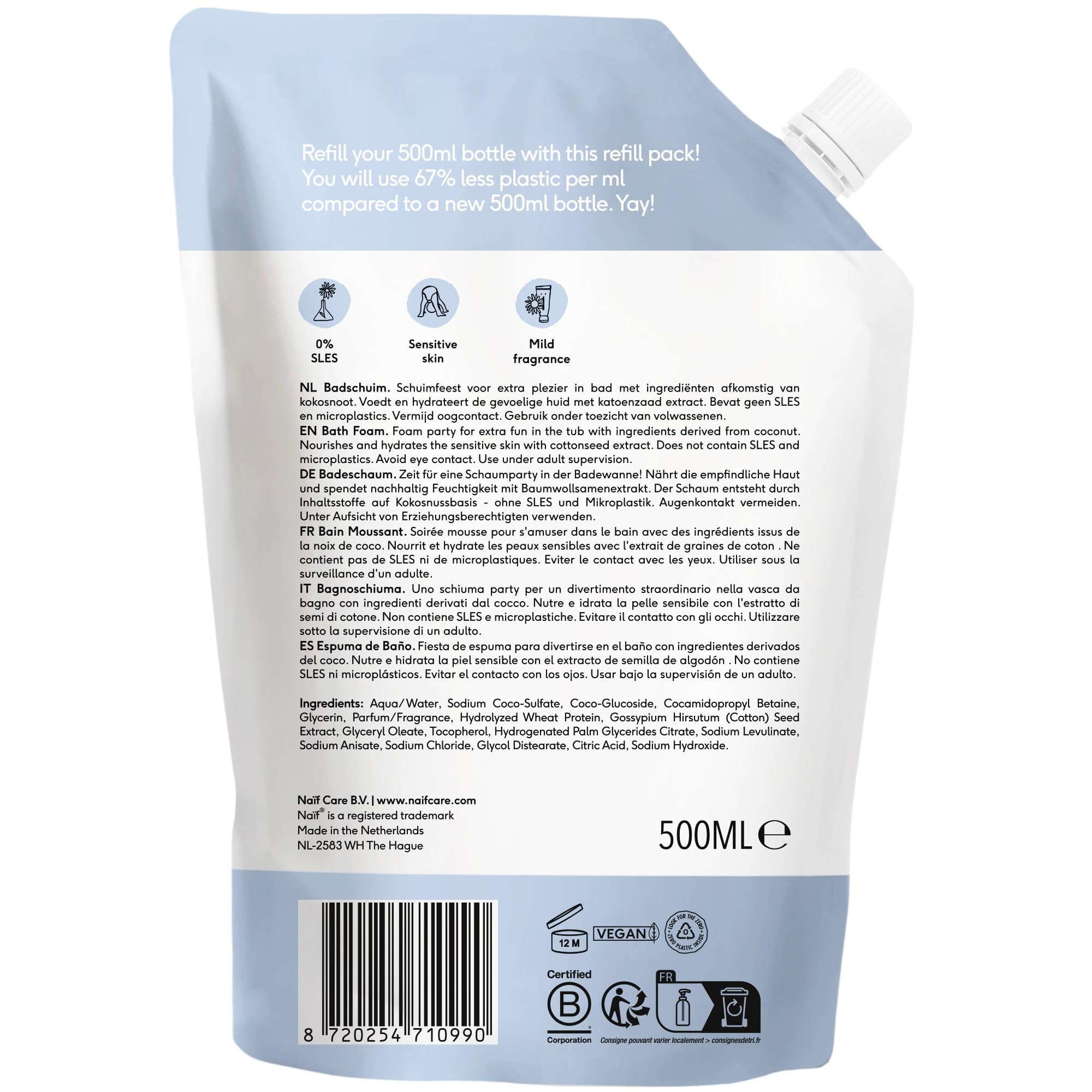 Naïf - Bain moussant nourrissant - Recharge - Bain moussant pour enfants à l'huile de coton - Soin bébé aux ingrédients d'origine naturelle - Vegan - Sans microplastiques ni huiles minérales - 500 ml