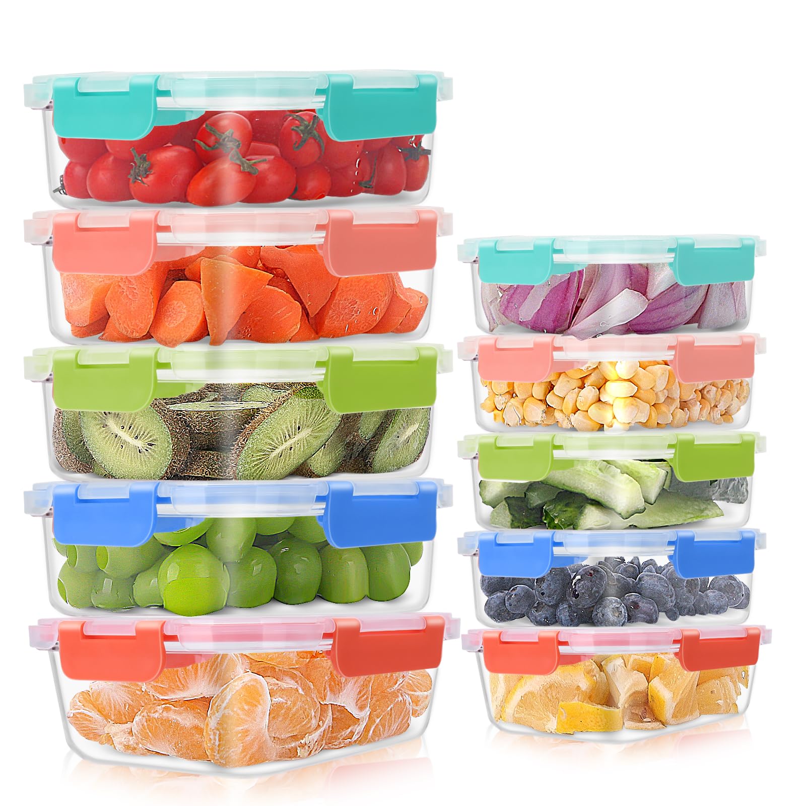 Meetoz Colorful 10 Pack Glass Meal Prep Containers, Airtight Glass Food Containers, Stackable Food Storage Containers Set With Lids,Bpa-Free, For Microwave, Oven, Freezer And Dishwasher (Colorful)