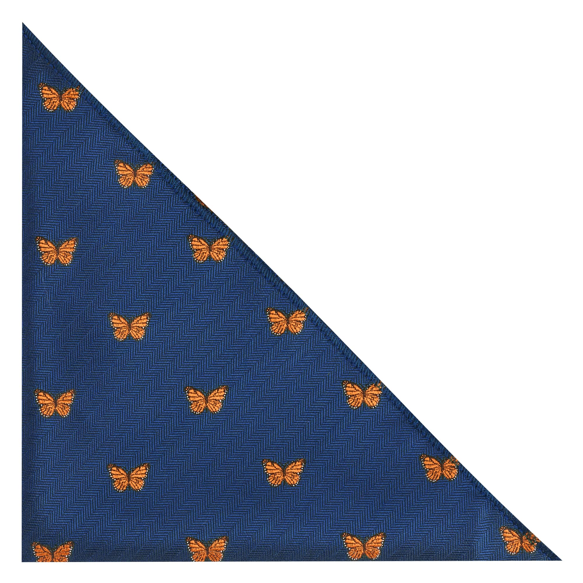 King & Priory Butterfly Navy Blue Herringbone Embroidered Pocket Square, Handkerchief