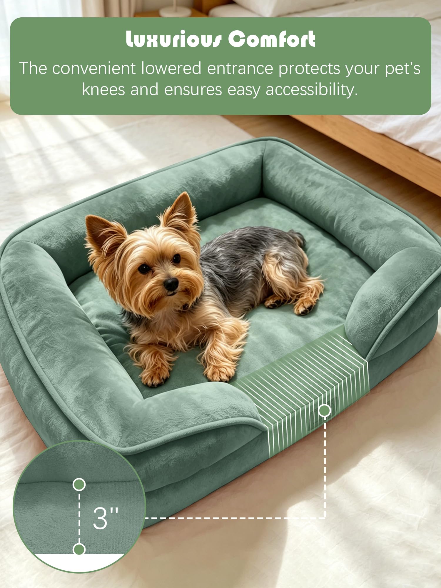 Spotted Play Orthopedic Dog Bed with Sides - Sofa Beds for Small Dogs, Supportive Foam Pet Couch Bed with Washable Removable Cover, Waterproof Lining and Non-Slip Bottom, Green - S view 3