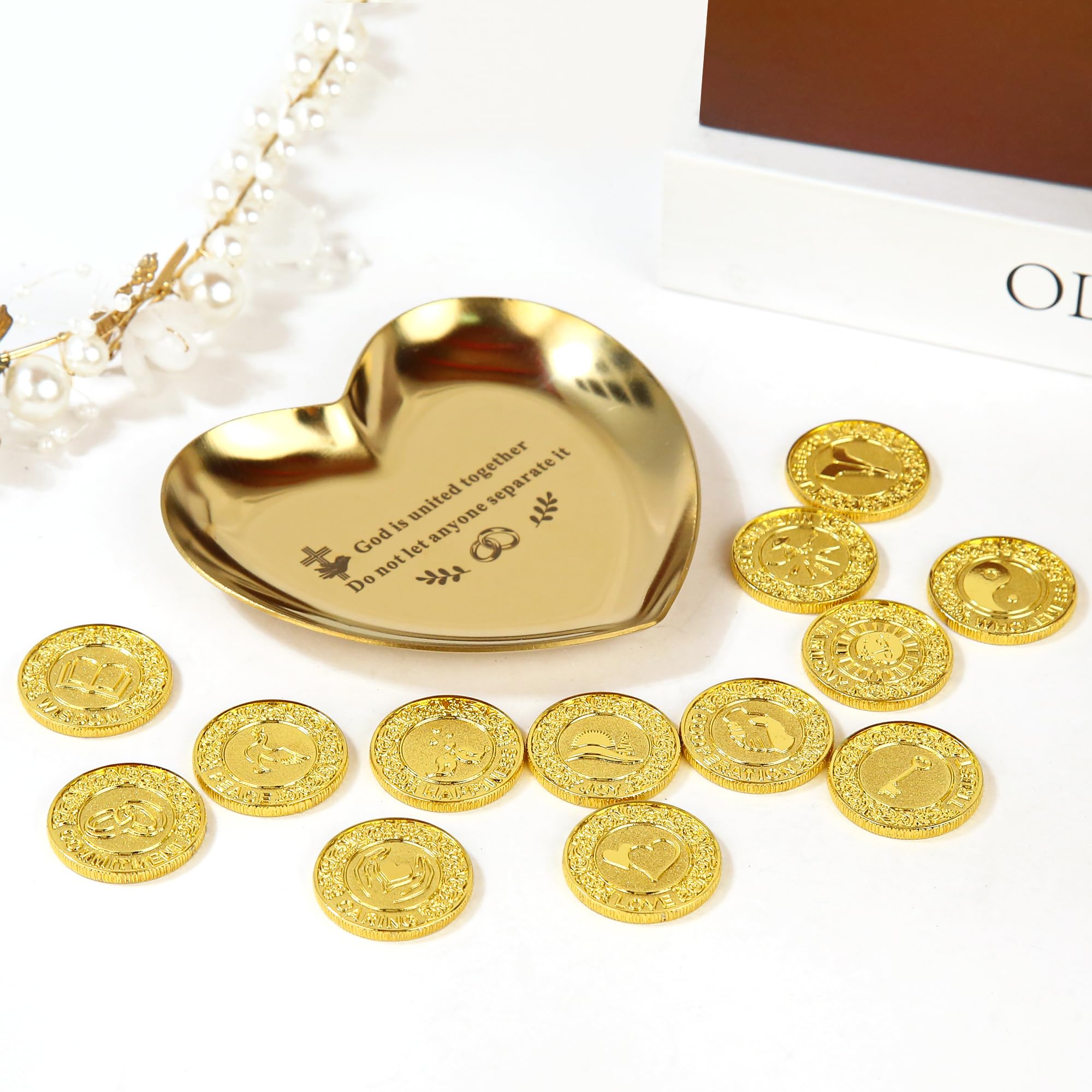 TINGKU Arras de boda en inglés – Arras para Boda Católica, Arras de Boda Cristiana con 13 monedas de bendición, Arras de boda cristiana, Decoración para Bodas, Caja de cuero-Monedas de Oro PLD