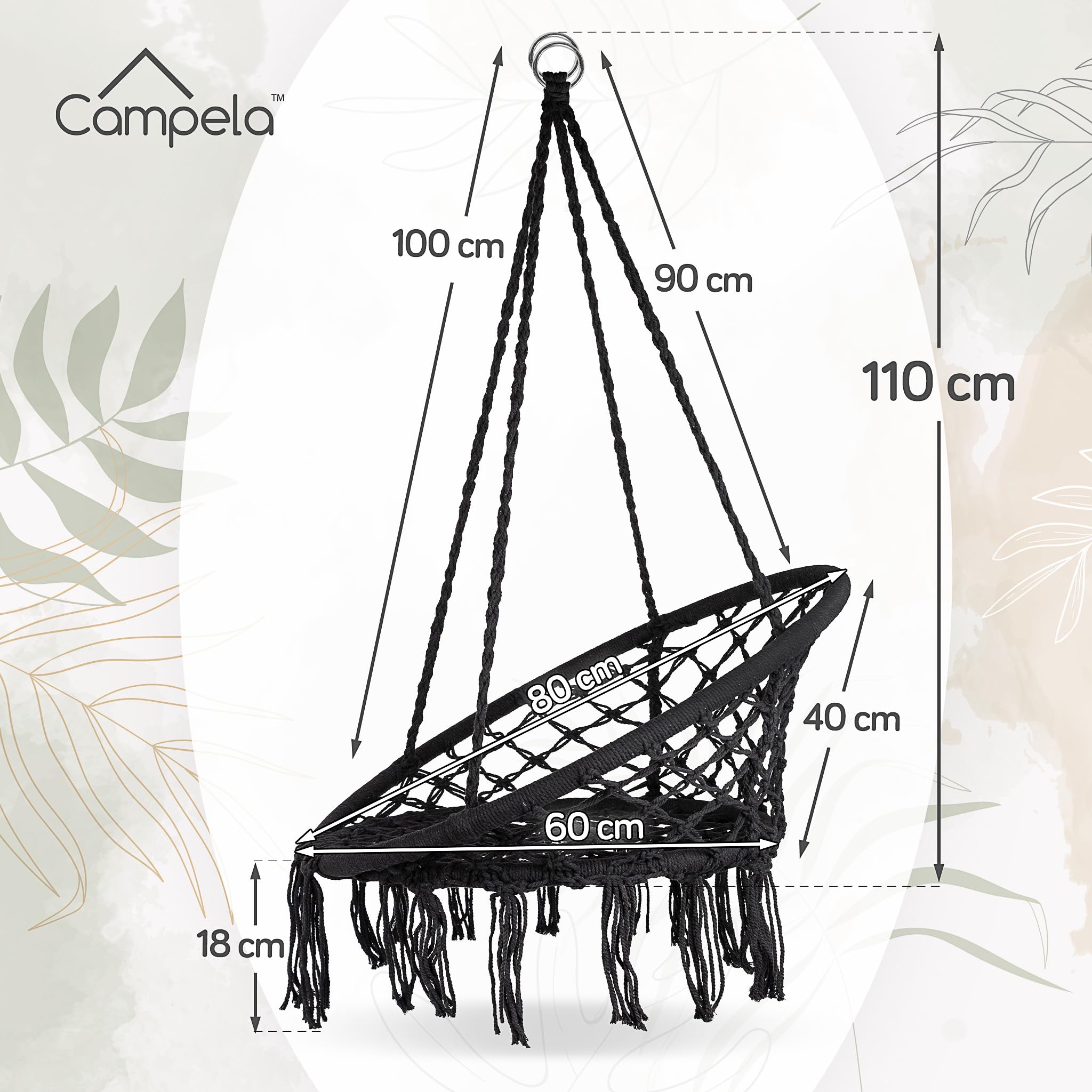 Poltrona Sospesa Boho Corda Macramè Nera 150 kg Seduta Ergonomica Sedia Amaca Rotazione 360°