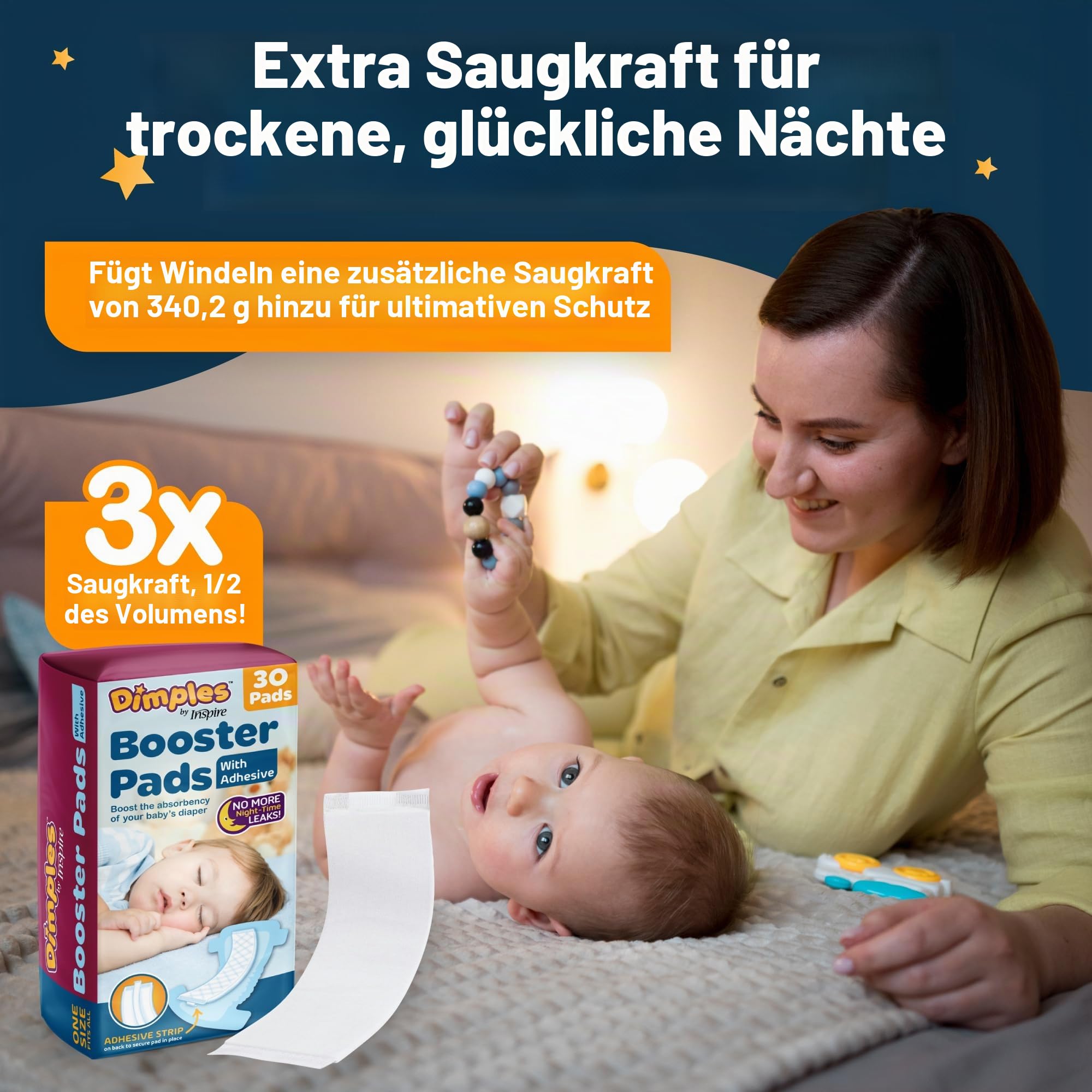 Dimples Booster Pads, Baby-Windeldoppelter mit Kleber – steigert die Saugfähigkeit von Windeln – kein Auslaufen mehr 30 Stück (mit Kleber für sicheren Sitz)