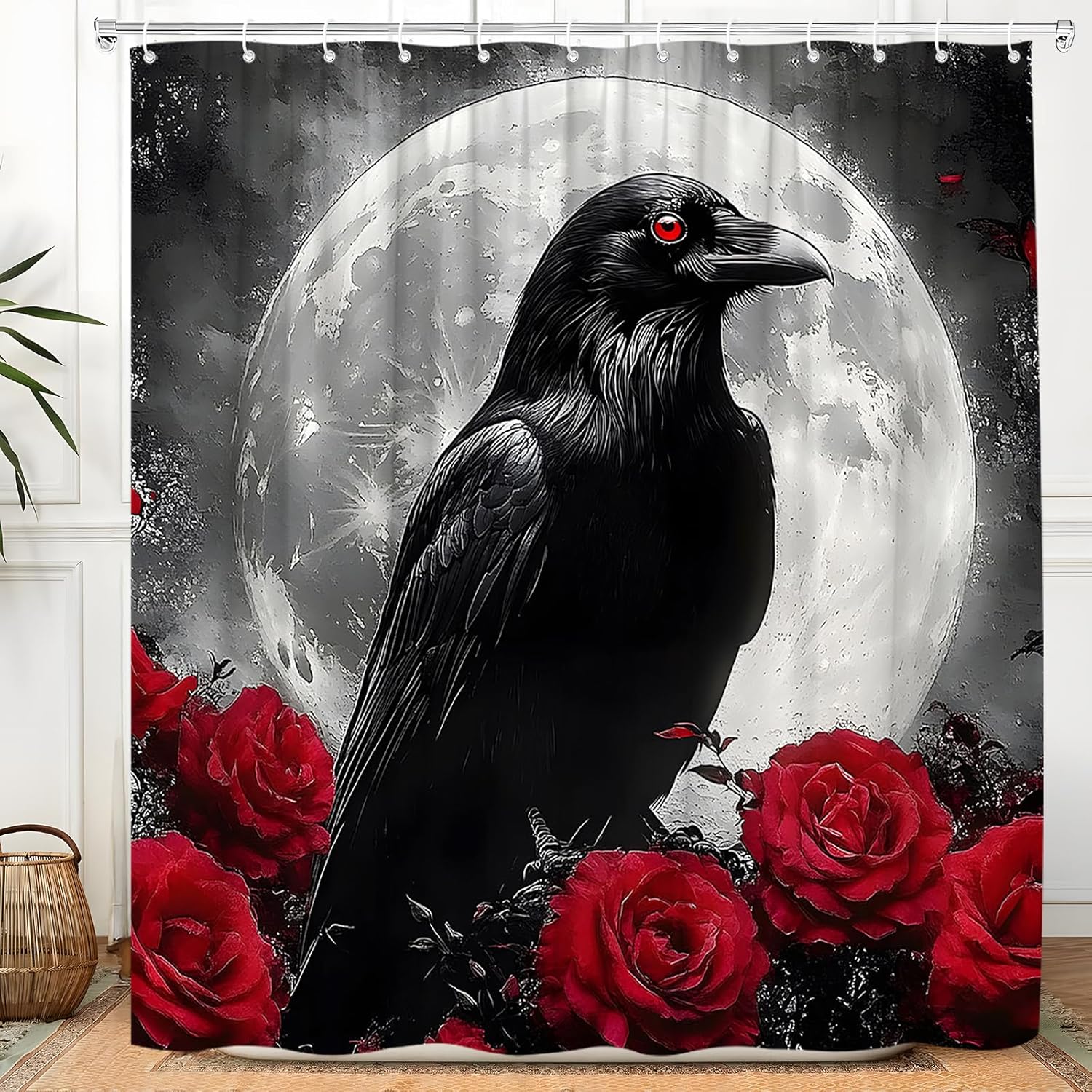 Gothic Raven Shower Curtain Halloween Full Moon Night Red Roses Floral Scary Black Animal Horror Crow Spooky Bathroom Decor Curtain with Hooks