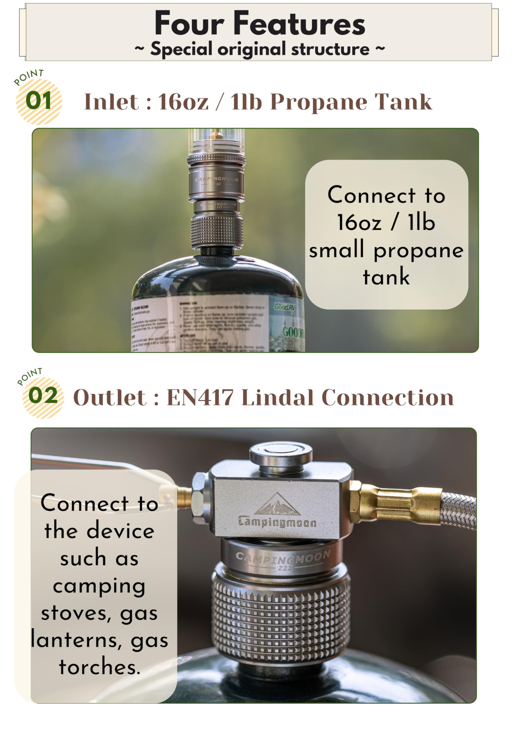 CAMPINGMOON 1lb Propane Tank Adapter Mapp Convert to En417 Lindal Valve for Camping Stove