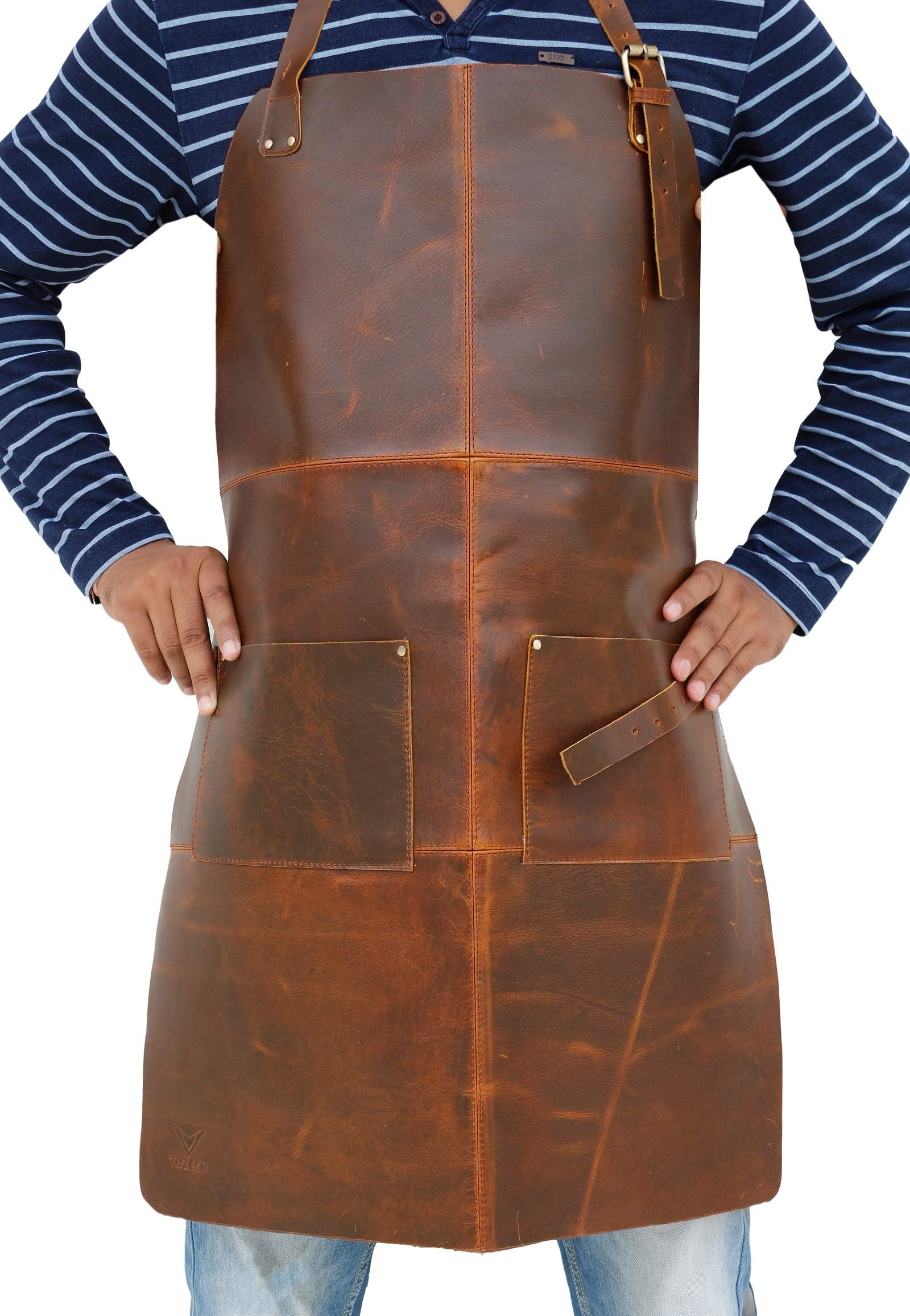 TUZECH Durable Leather Apron Utility Tool With Pocket For Chef||Butcher||Metalworker||Carpenter||Blacksmith||Heavy Duty Apron (Brown (Double Pocket), 30" Inches)