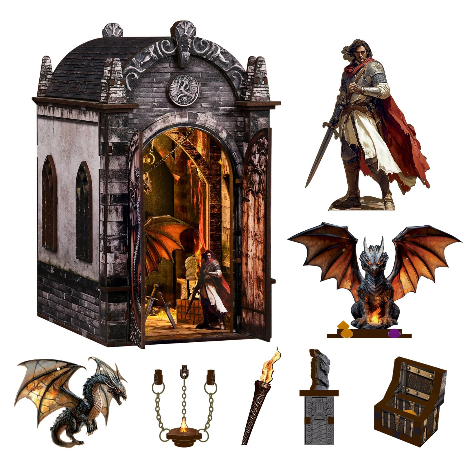 Book Nook Kit–Drachenschatz Labyrinth Modell, 3D Holzpuzzle zum Selberbauen mit LED-Beleuchtung, Bastelset für Bücherregal-Dekoration für Erwachsene und Jugendliche