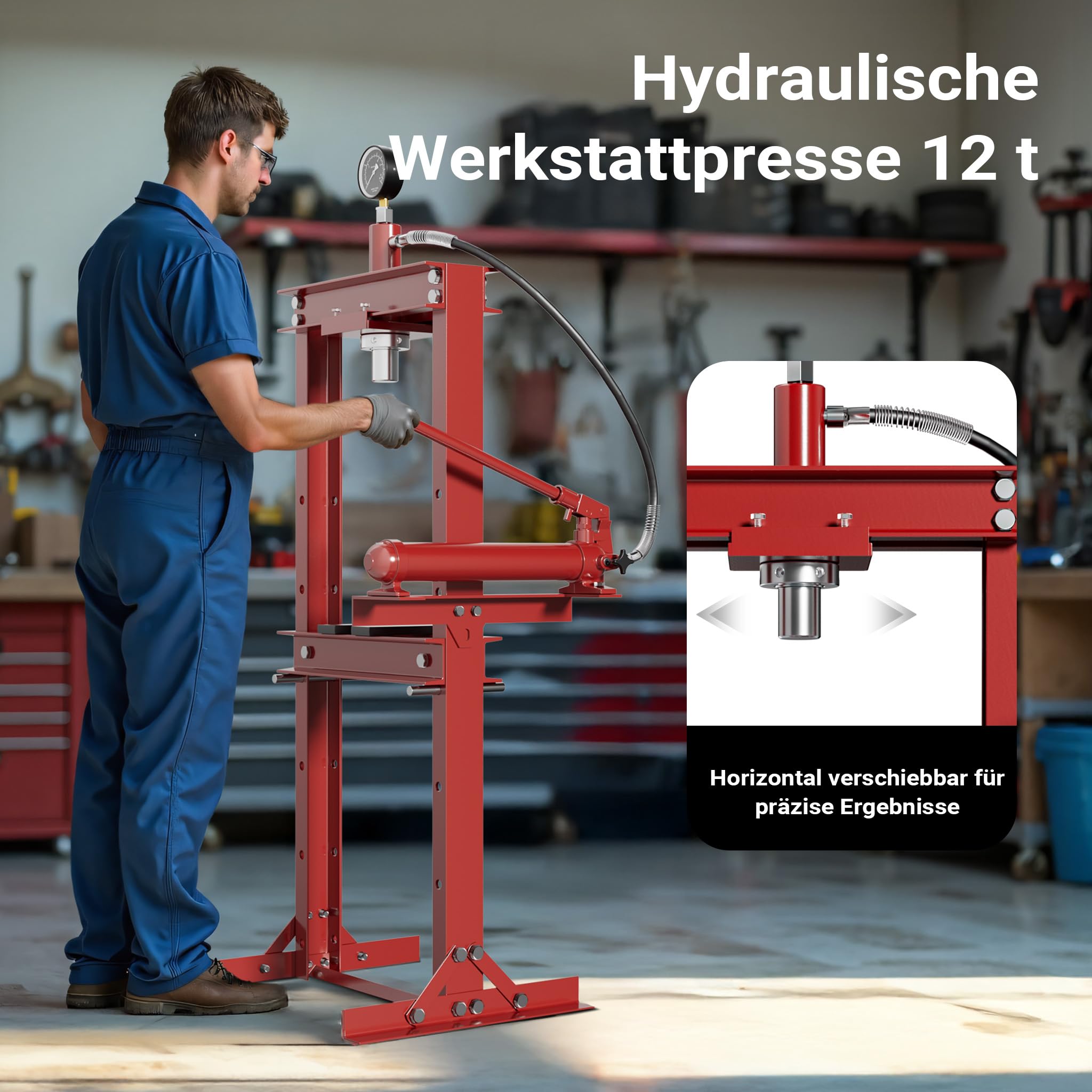 Wiltec 12T Profi Werkstattpresse, 90-1035mm Arbeitsbereich, 145-330mm Hubhöhe, Hydraulikpresse aus Stahl, Rahmenpresse mit Manometer, Lagerpresse