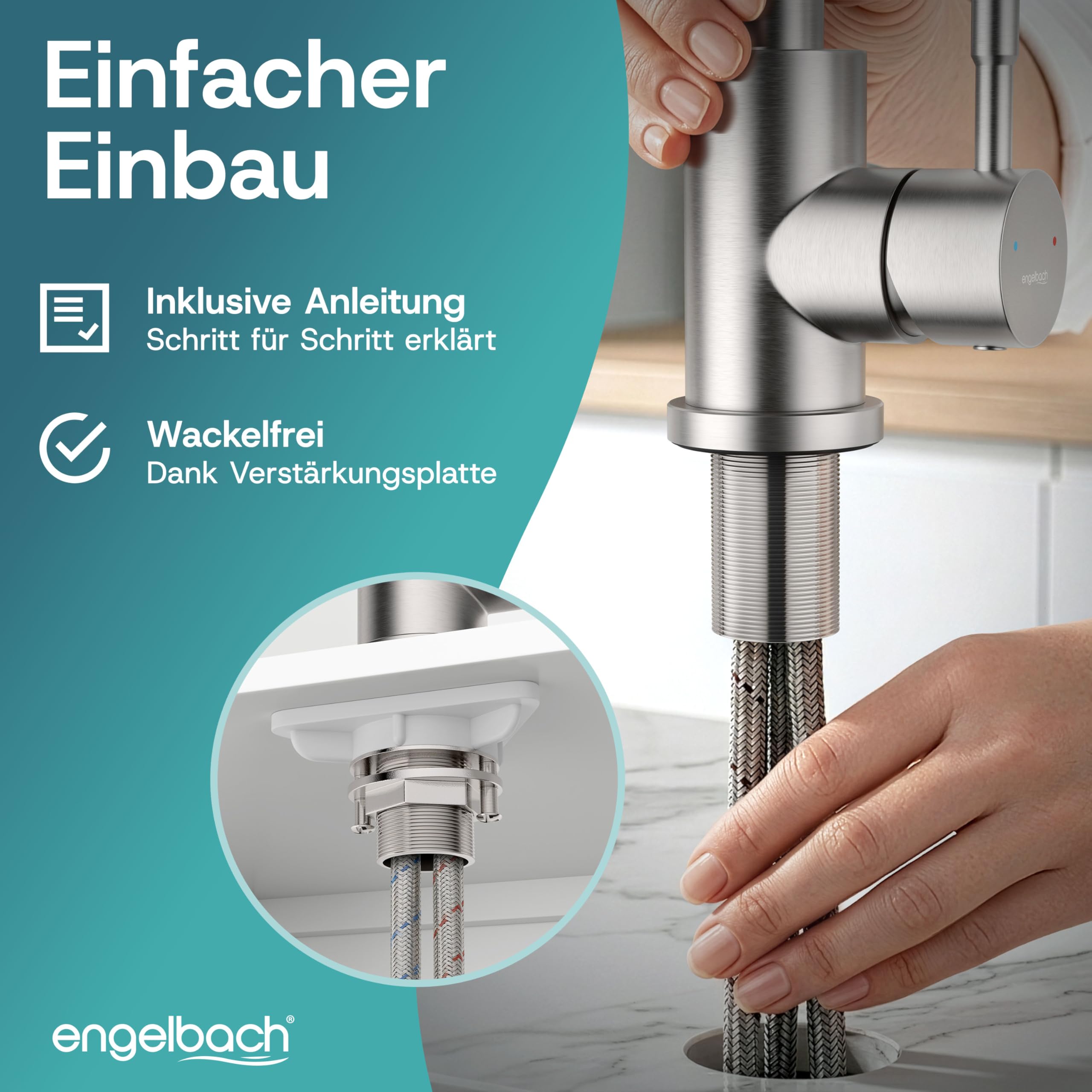 Engelbach® Wasserhahn Küche - 360° Schwenkbare Küchenarmatur aus 304 Edelstahl - inklusive tropffreier Keramikkartusche, Spültischarmatur, Mischbatterie, Gebürstet