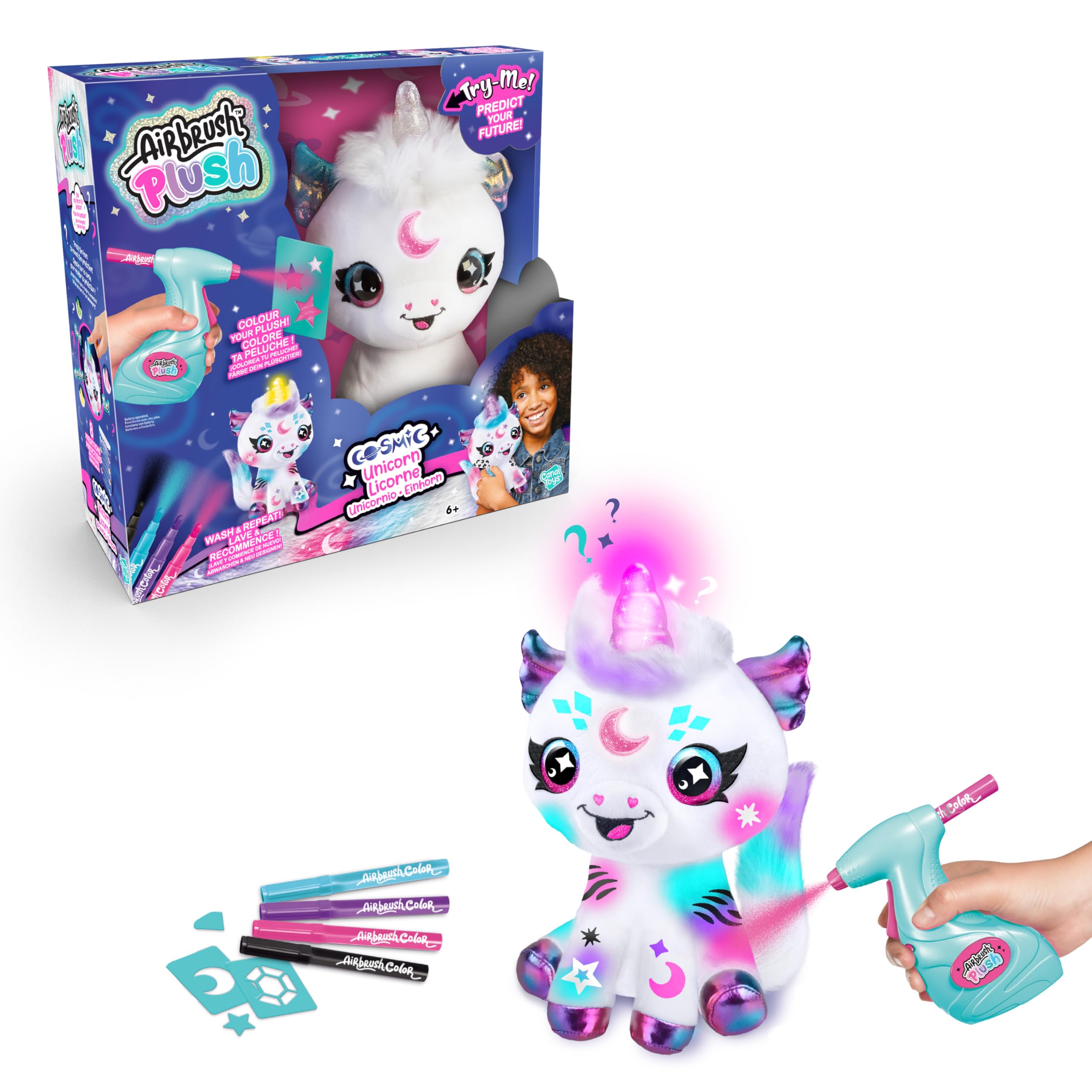 Canal Toys - Airbrush Plush - Light Up Cosmic Unicorn - Personalise & Decorate - Battery-Powered - 4 Chalk Pens & 100+ Stencils - Reusable Plush Toy - Sensory Craft for Kids 6 Years + - AIR 028