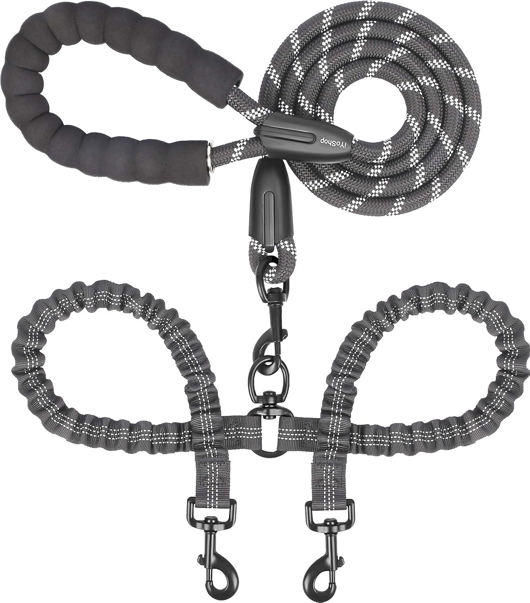 Correa doble para perros, giratoria de 360°, sin enredos, grande, 25-150 lbs, negra | Correa doble para dos perros, correa dividida, cuerda elástica que absorbe los golpes, asa acolchada, cuerda resistente