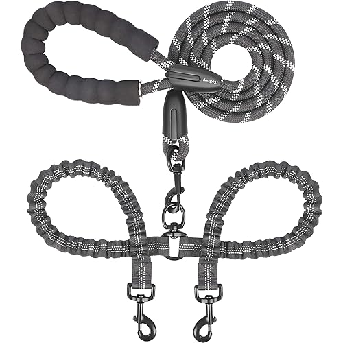 iYoShop Dual Dog Leash, Double Dog Leash, 360 Swivel No Tangle Walking Leash, Shock Absorbing Bungee for Two Dogs, Black, Large (25-150 lbs)