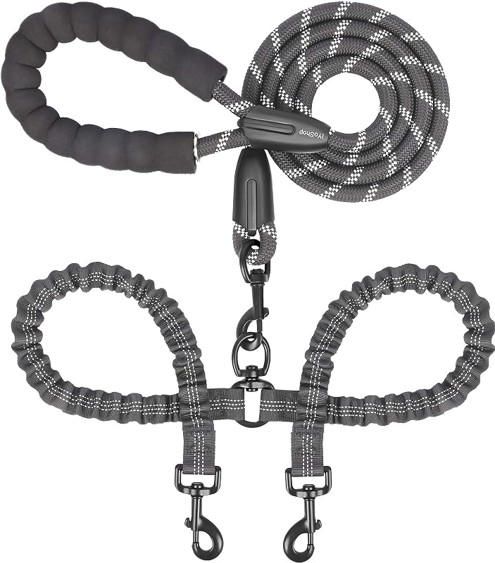 Guia dupla para cães com giro 360°, extensão elástica e alças acolchoadas iYoShop, tamanho Grande, Black
