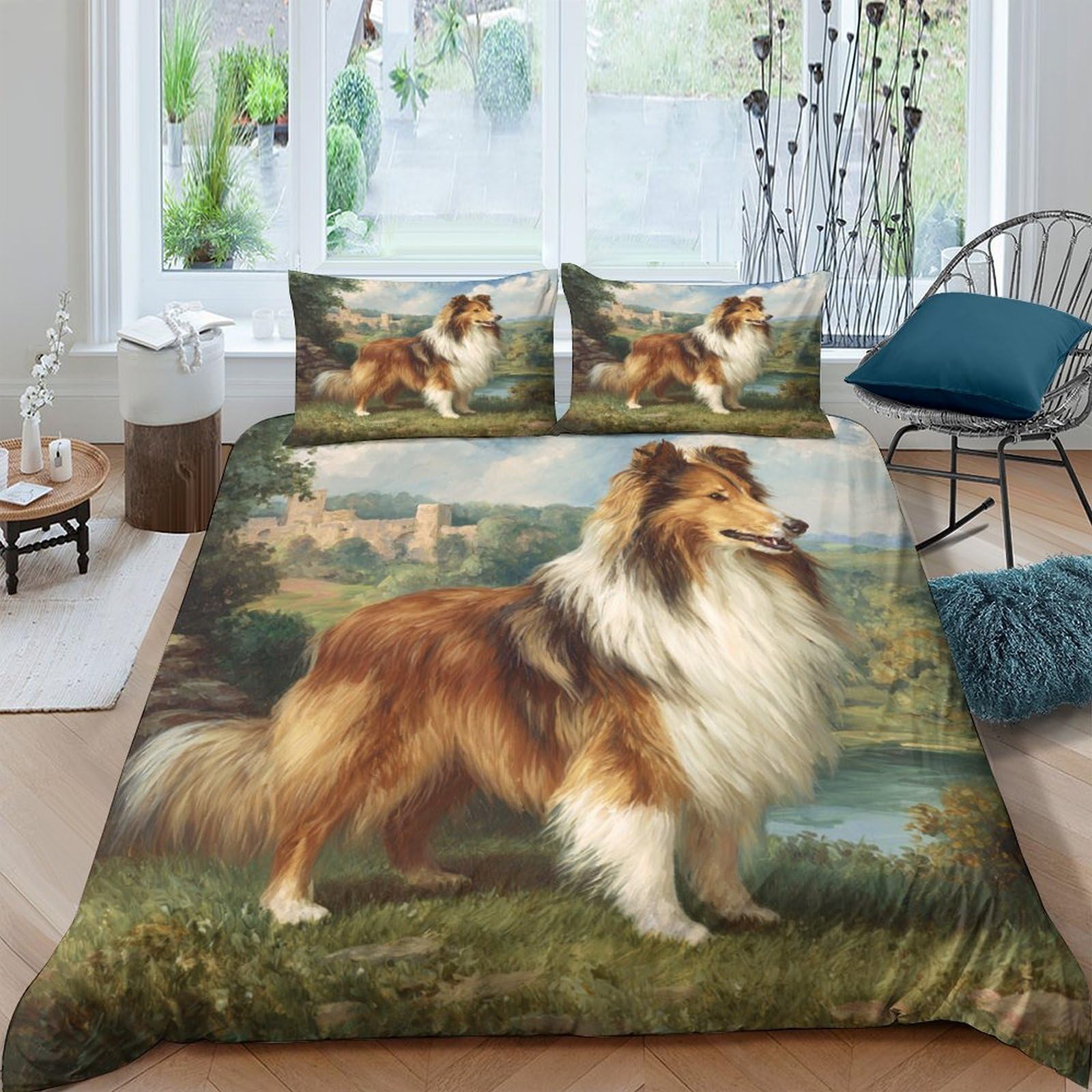 GPLZQXKJNH 3D Printed Collie Dog Landscape Duvet Cover Microfiber Soft Breathable Pastoral Bedding Set with 2 Pillowcases for Bedroom Decor Single（135x200cm）