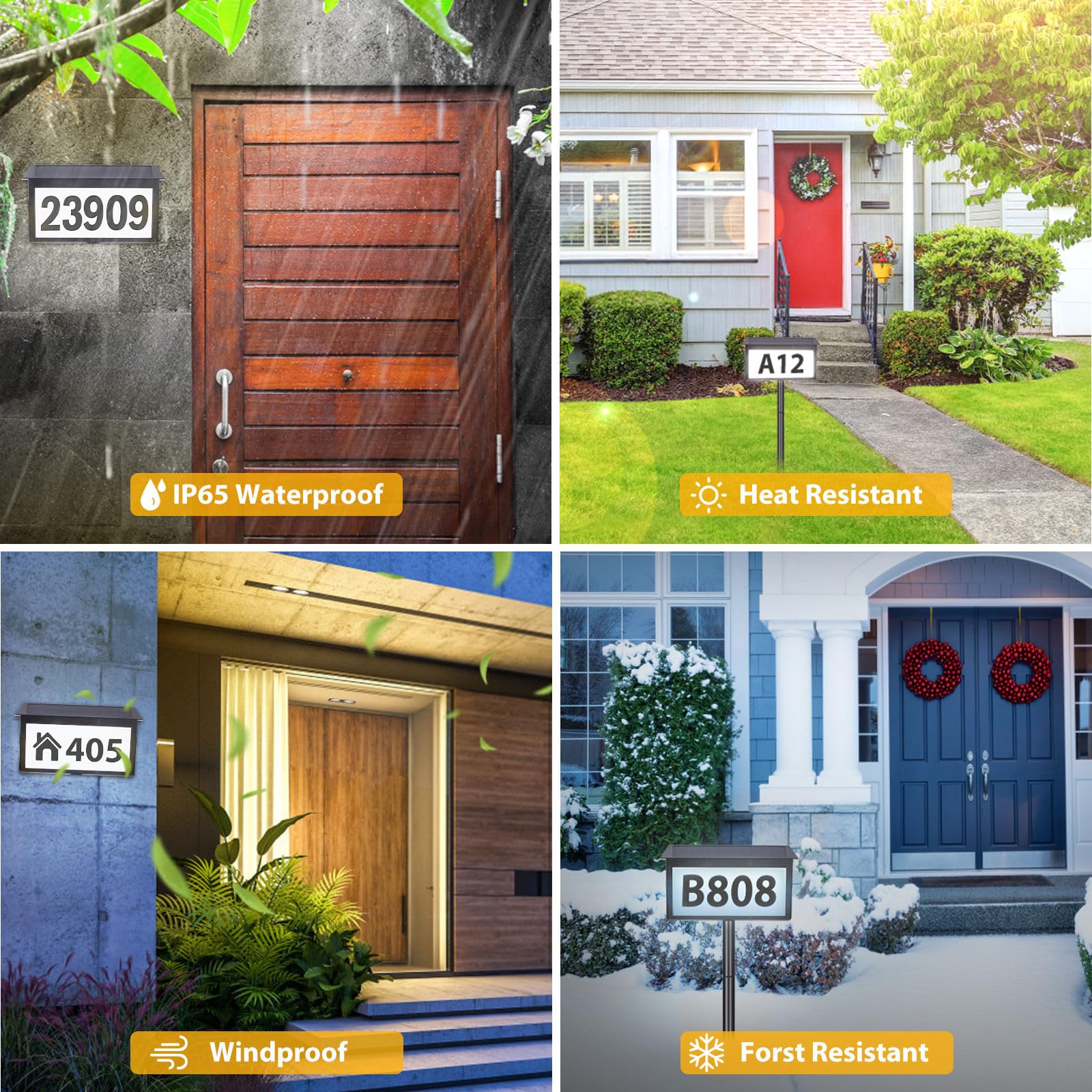 Solar-Hausnummern, Adressschild, Solar-Adressschild für draußen, IP65 wasserdicht, 3 Farben, Temperaturen, LED-beleuchtete Hausnummern, Wandmontage und Boden-Adressnummern für Haus