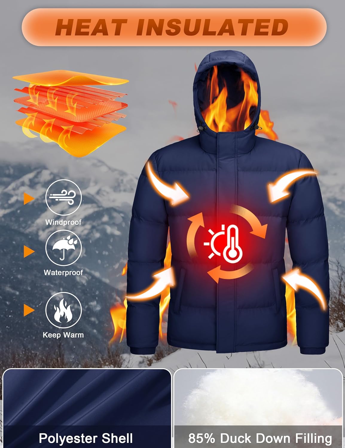 Cotrasen Men's Puffer Jacket Hooded Down Jacket Water-Resistant Windproof Full Zip Up Winter Warm Thicken Coat with Hood - Image 3