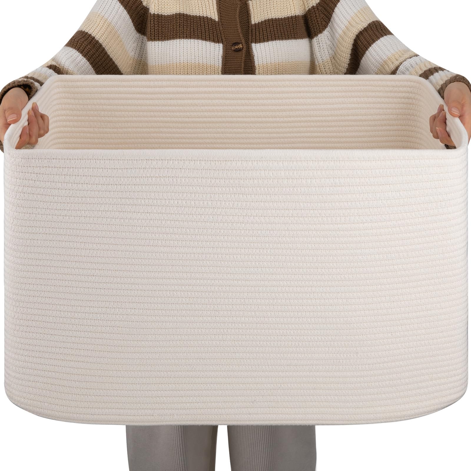 OIAHOMY XXLarge rechteckiger Deckenkorb, 96 l, gewebter Baumwollkorb zur Aufbewahrung, schmutzige Kleidung, Korb für Wohnzimmer, Kinderzimmer, Schlafzimmer, Spielzeug-Organisation mit Griff, 61 x 40,6