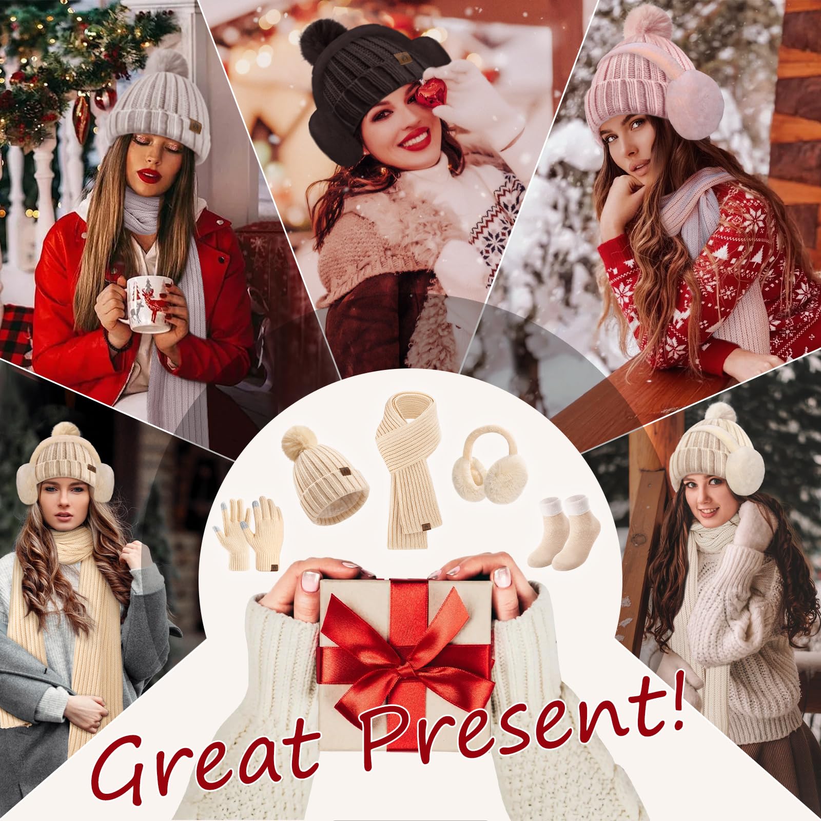 heekpek Mütze Schal Handschuhe Ohrenschützer und Socken Set Damen 5 Stücke Warme Wintermütze Winterschal Strick Winterzubehör Winterset 5 in 1