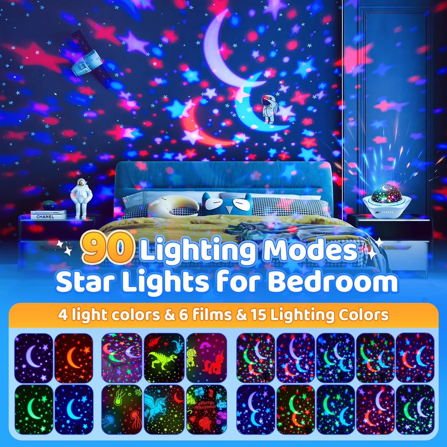 Proiettore Stelle Soffitto, 96 Modalità Proiettore Stelle Soffitto Bambini, 6 Films+2400mAh Proiettore Soffitto, 360° Proiettore Bambini,Luce Notturna Bambini Stelle Luminose Cameretta Regalo Natale