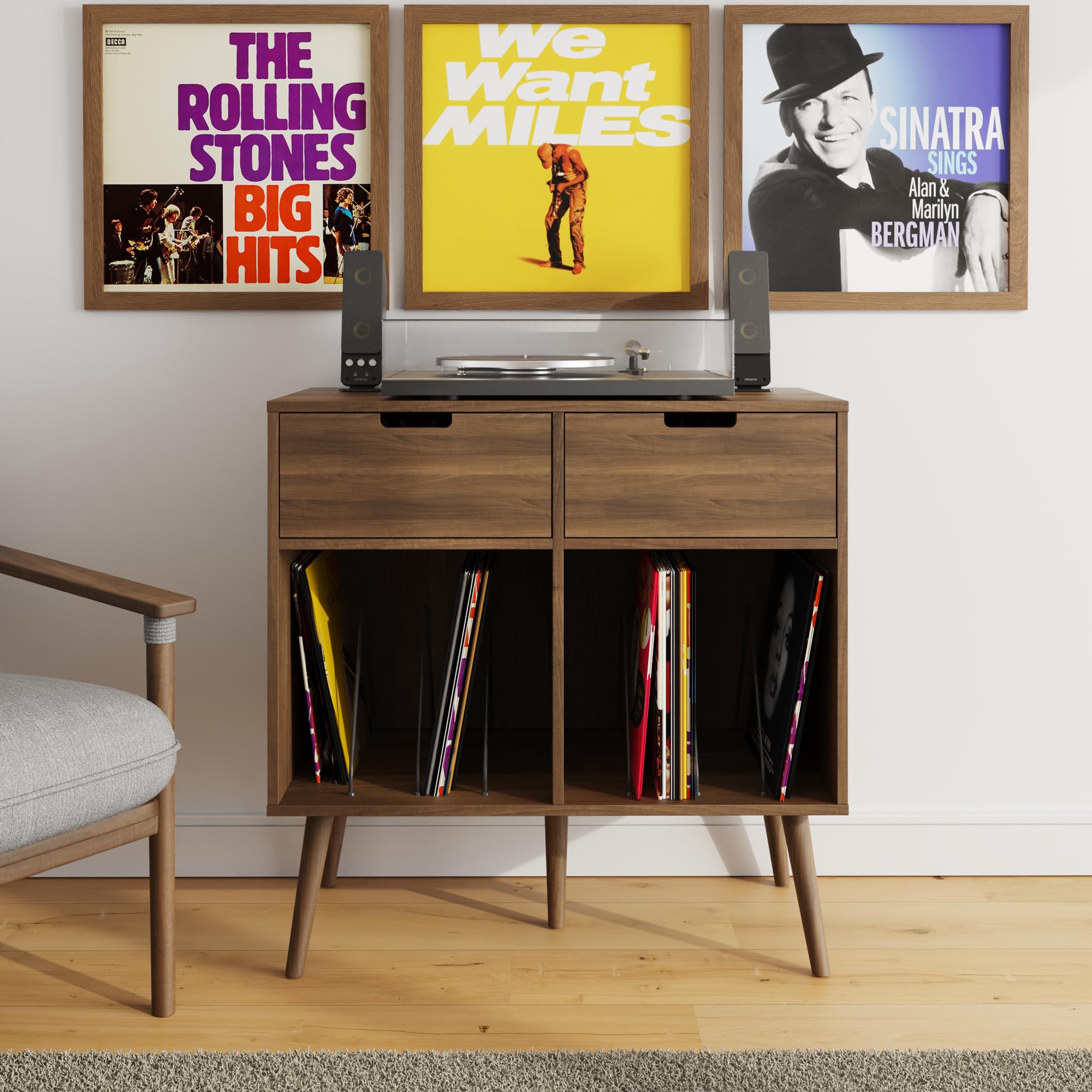 GFW Jaxon 2 Drawer Storage Cabinet, Walnut Side Cabinet with Open Shelves & Mid-Century Modern Design