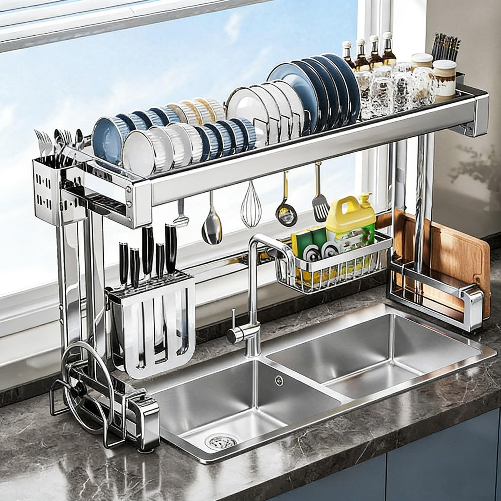Escurridor de platos para encimera de cocina sobre fregadero, estante de metal multifuncional para organización de cocina, almacenamiento de doble capa para platos, vasos, cuencos, cubiertos, 97 cm