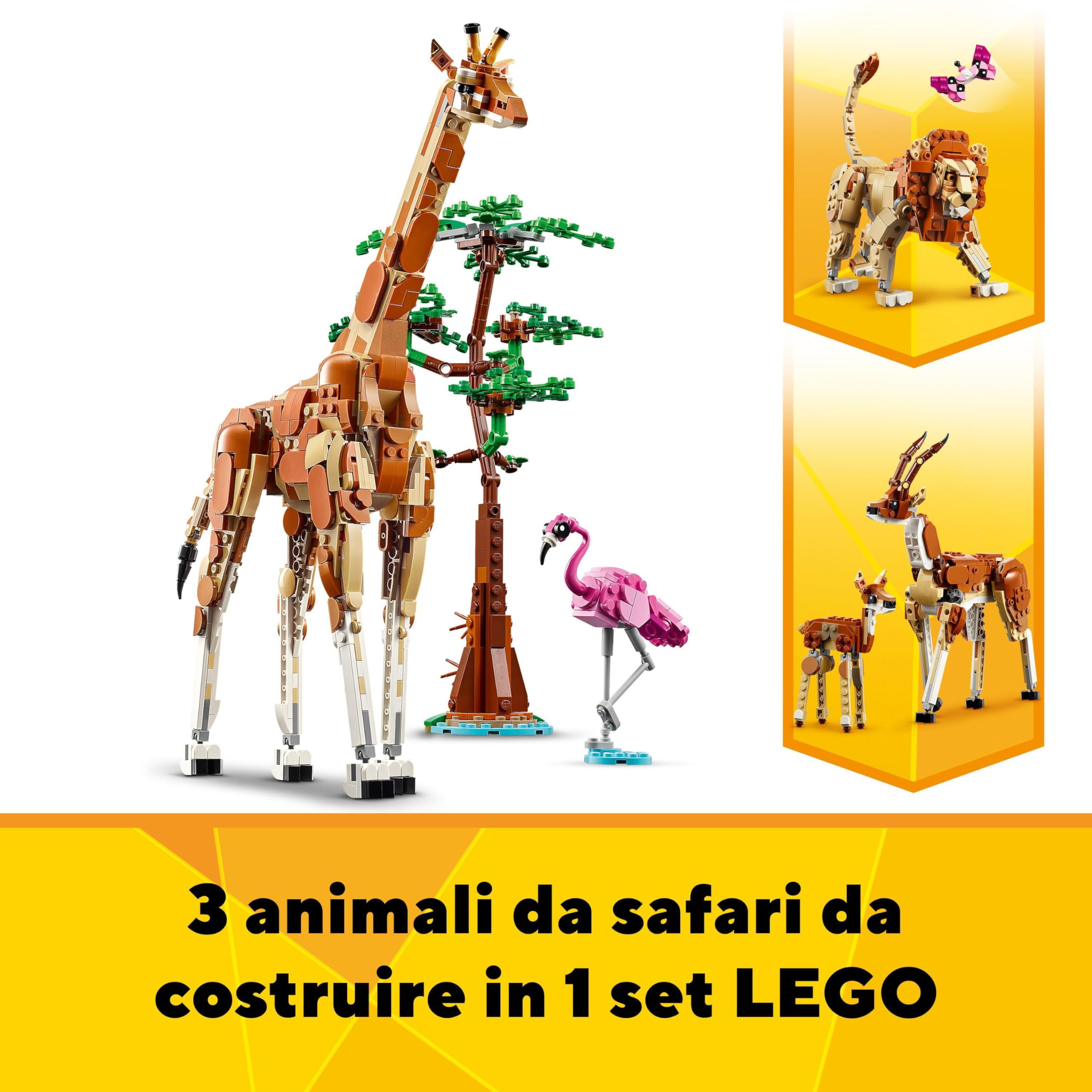 LEGO Creator 3 in 1 Animali del Safari, Giocattolo Trasformabile da Giraffa e Fenicottero in 2 Gazzelle o in Leone e Farfalla, Giochi per Bambine e Bambini da 9 Anni in su, Idea Regalo Creativa 31150