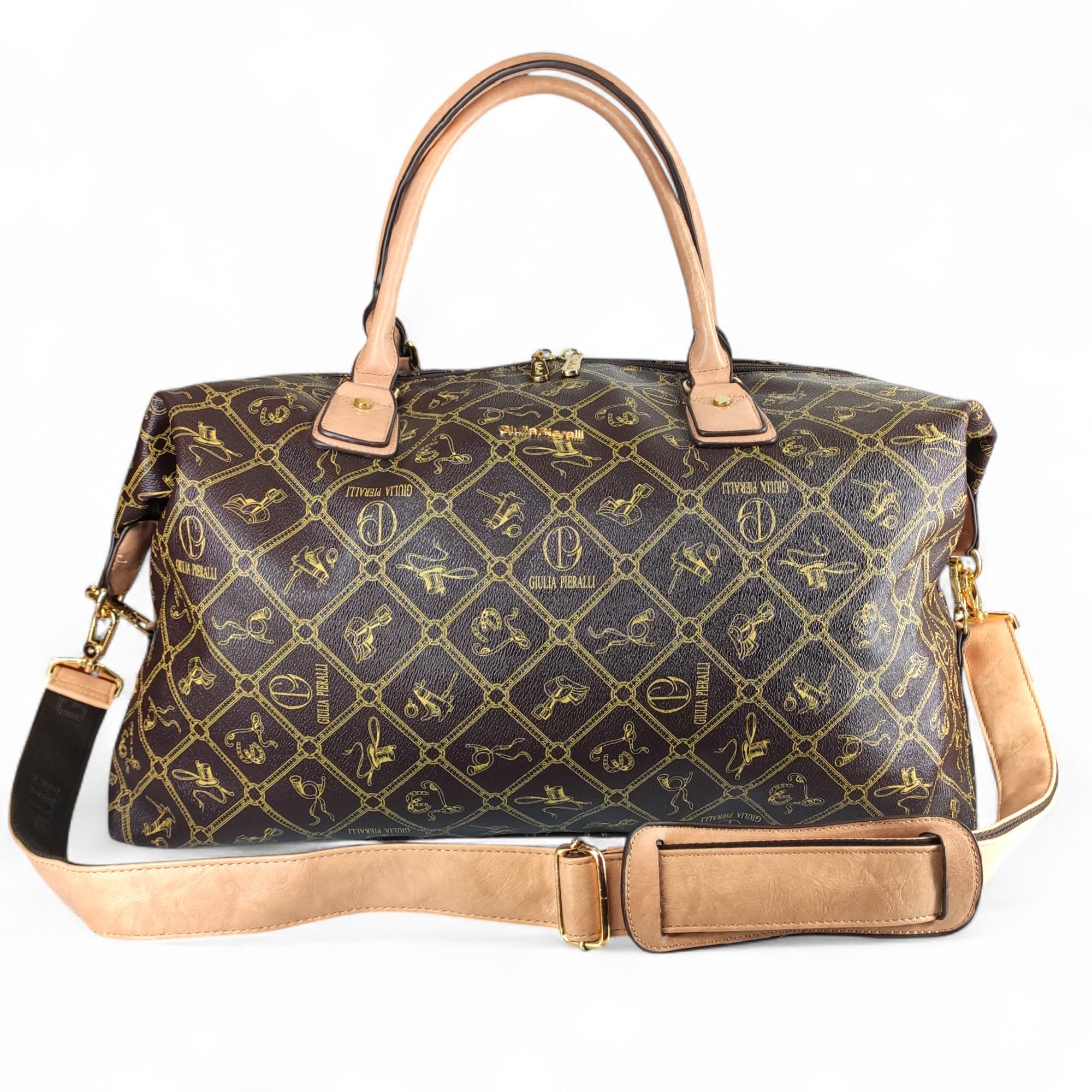 XXL Reisetasche Damen Herren Groß Weekender Sporttasche Handgepäck Braun Beige Kunstleder Vintage Schultertasche Weekendtasche (Caffe-Crema (Braun-Beige))