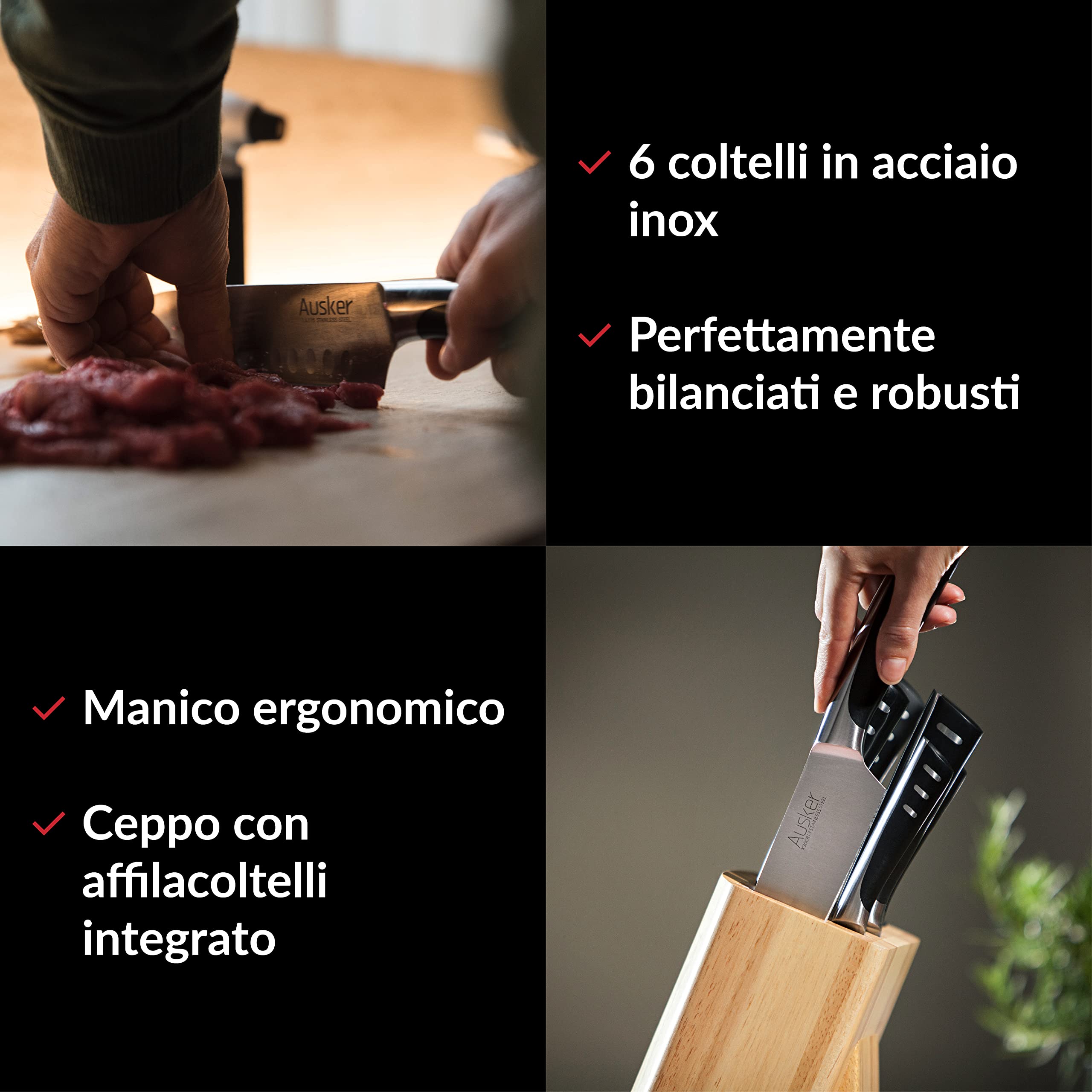 Set Coltelli in Acciaio con Ceppo Coltelli e Affilacoltelli Incorporato