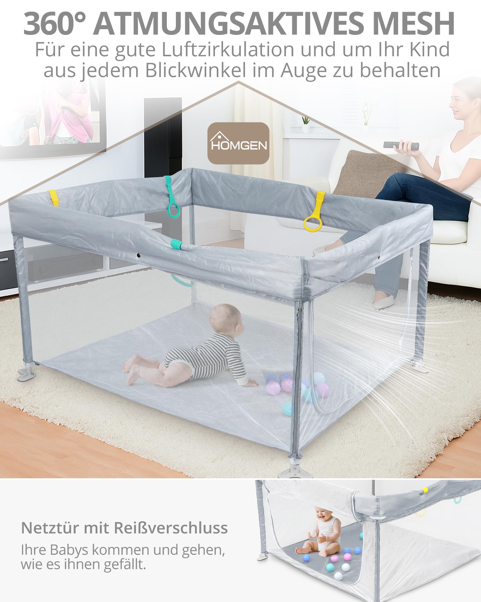 HOMGEN Laufstall Baby 120x120cm Laufgitter Faltbar Klappbares Spielgitter Tragbar Playpen Kinderlaufstall mit Abnehmbarem & Waschbarem Stoff Tasche & Spielzeug 10 Bälle 4 Griffe Für Innen/Außen