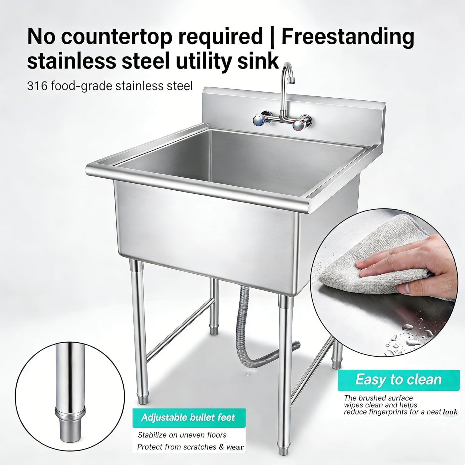 Heavy-Duty Stainless Steel Utility Sink 27" x 27" x 41", NSF Commercial Single Bowl Sinks with Strainer & Drain Pipe, 1 Compartment Free Standing Small Sink for Home, Restaurant, Garden, Laundry Room