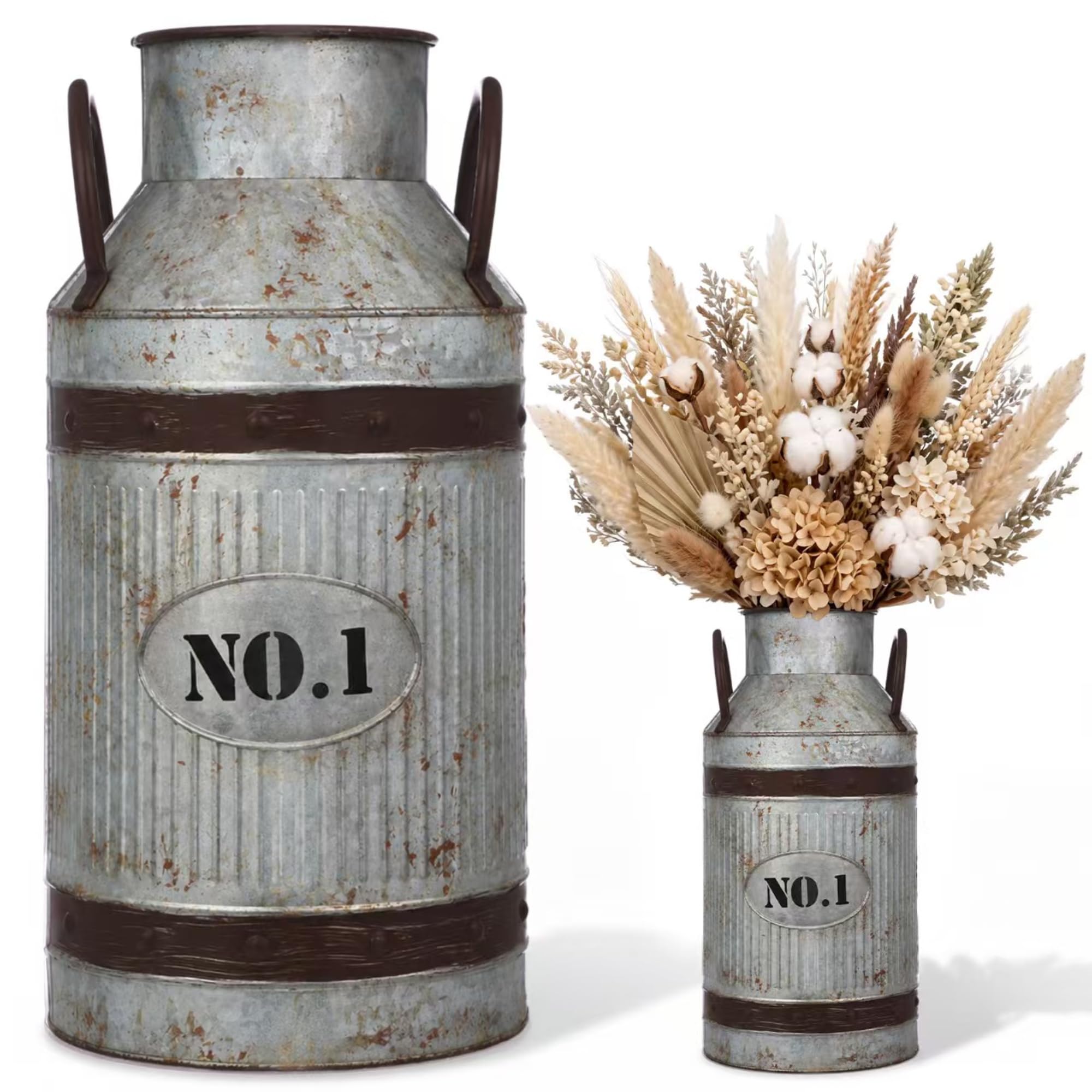 1 Pcs 15.2'' Large Rustic Galvanized Metal Milk Can Vase with Handle