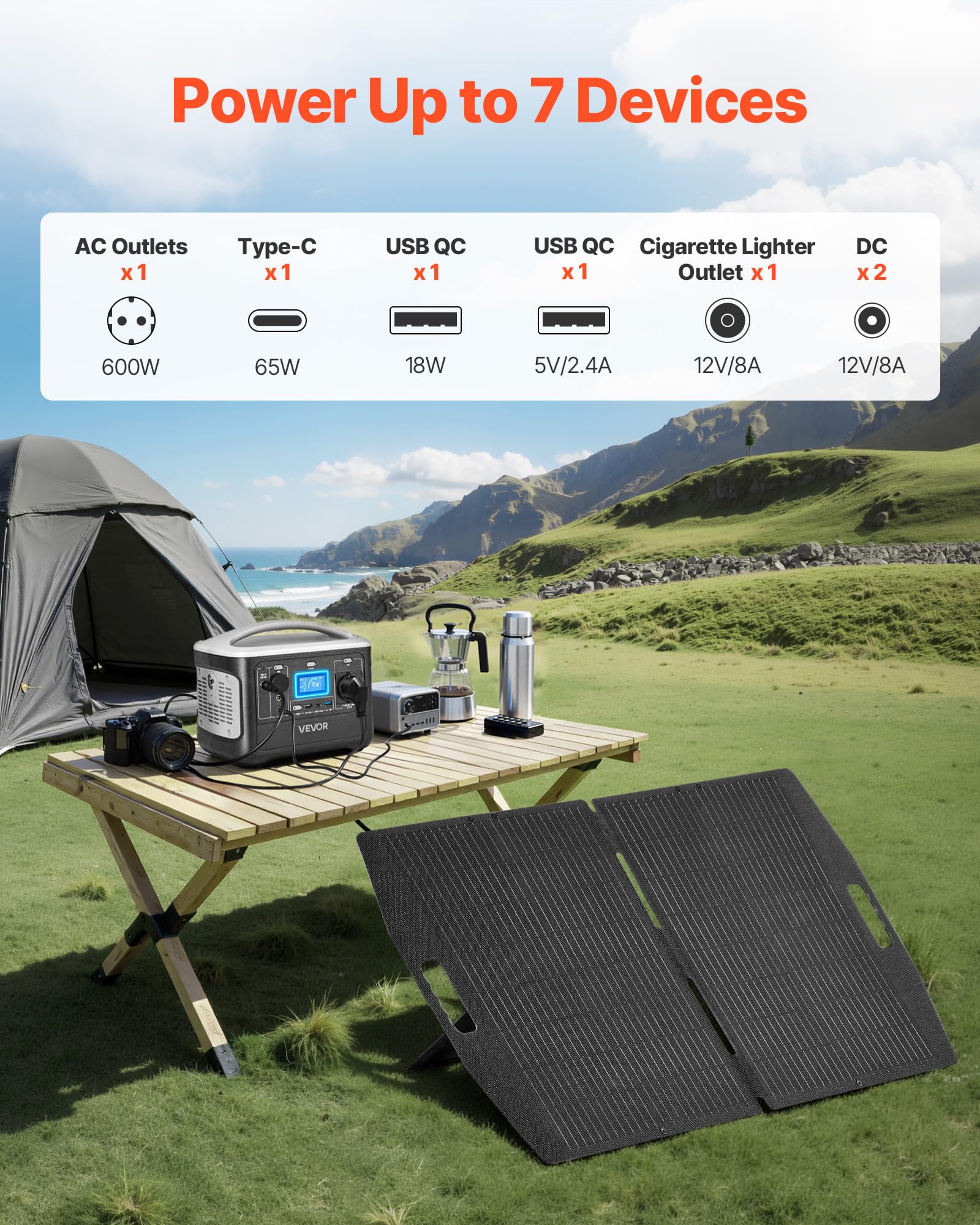 VEVOR Station Électrique Portable 600 W Générateur Solaire Portable Panneau Solaire 100 W Batterie Secours LiFePO4 493 Wh pour Urgence Domestique, Camping, Voyage Camping-car, avec 7 Ports de Sortie