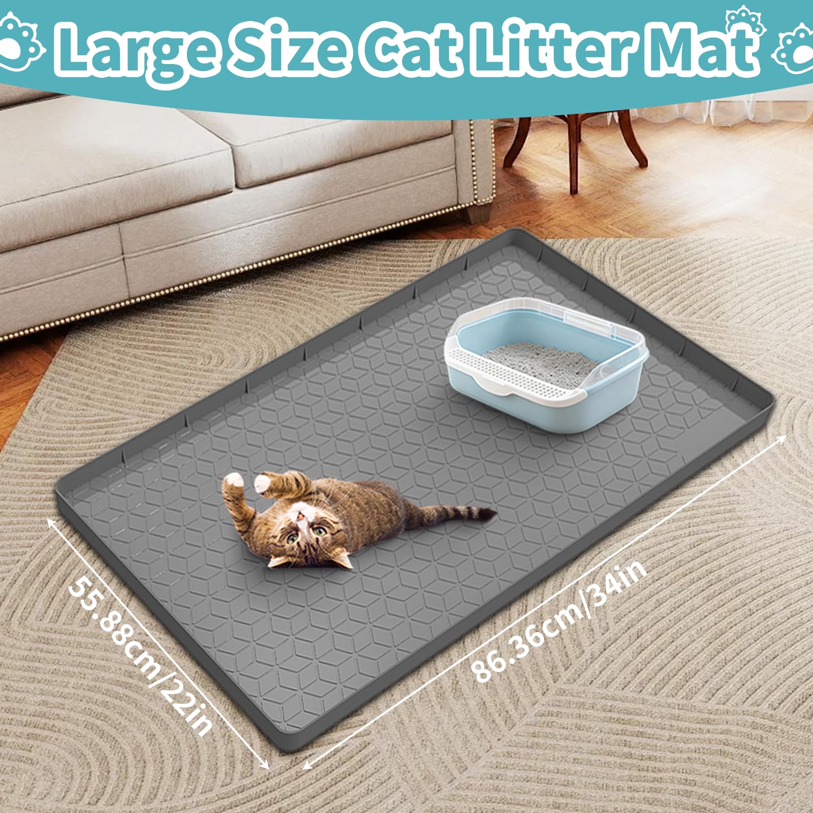 Anzfy Cat Litter Mat, 34" x 22" Silicone Cat Mat for Litter Box, Silicone Cat Litter Box Mat for Scatter Control, Easy Clean, Waterproof and Non-Slip(Grey) - image 4