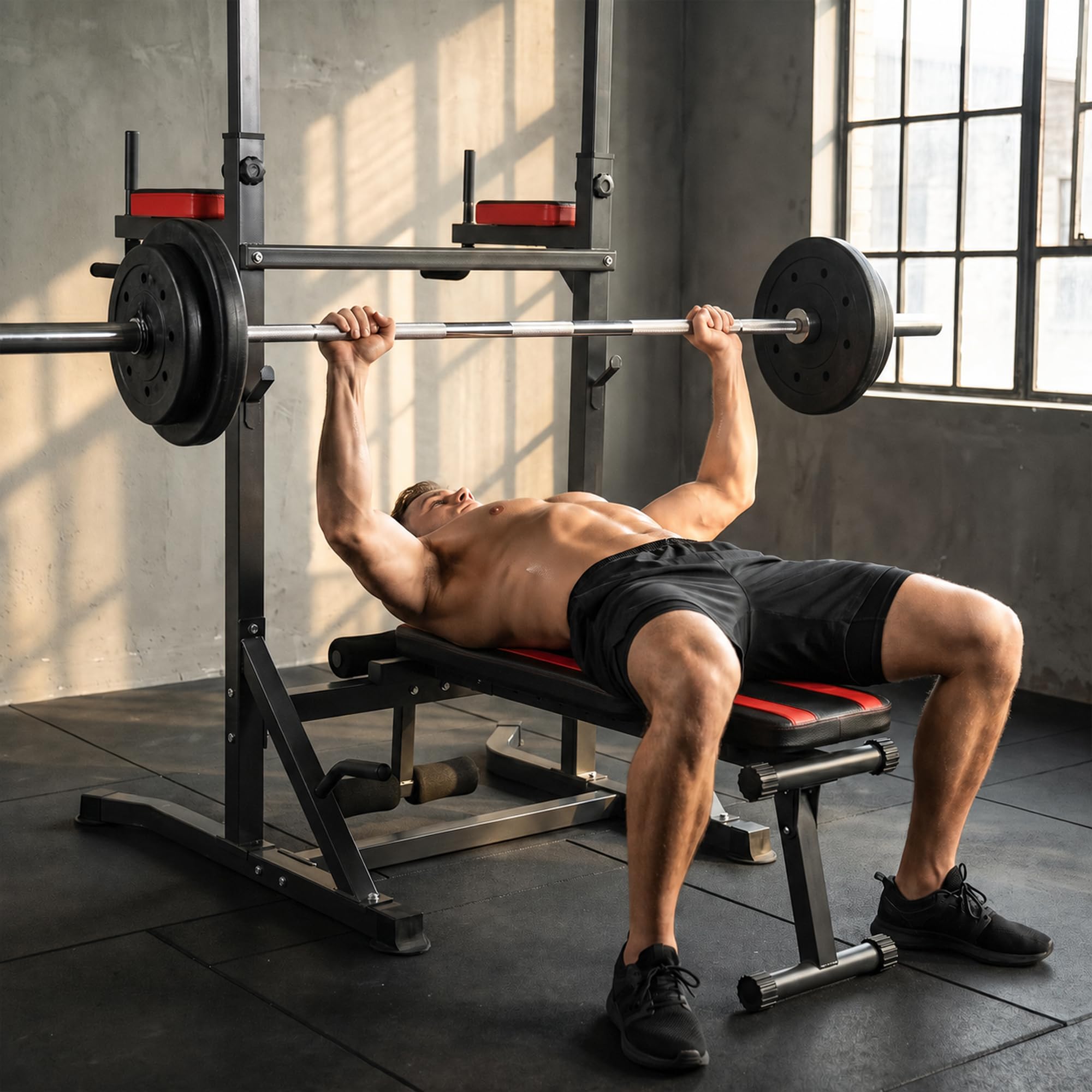 HOMCOM Estación de Musculación con Banco Plegable Altura Ajustable Rojo