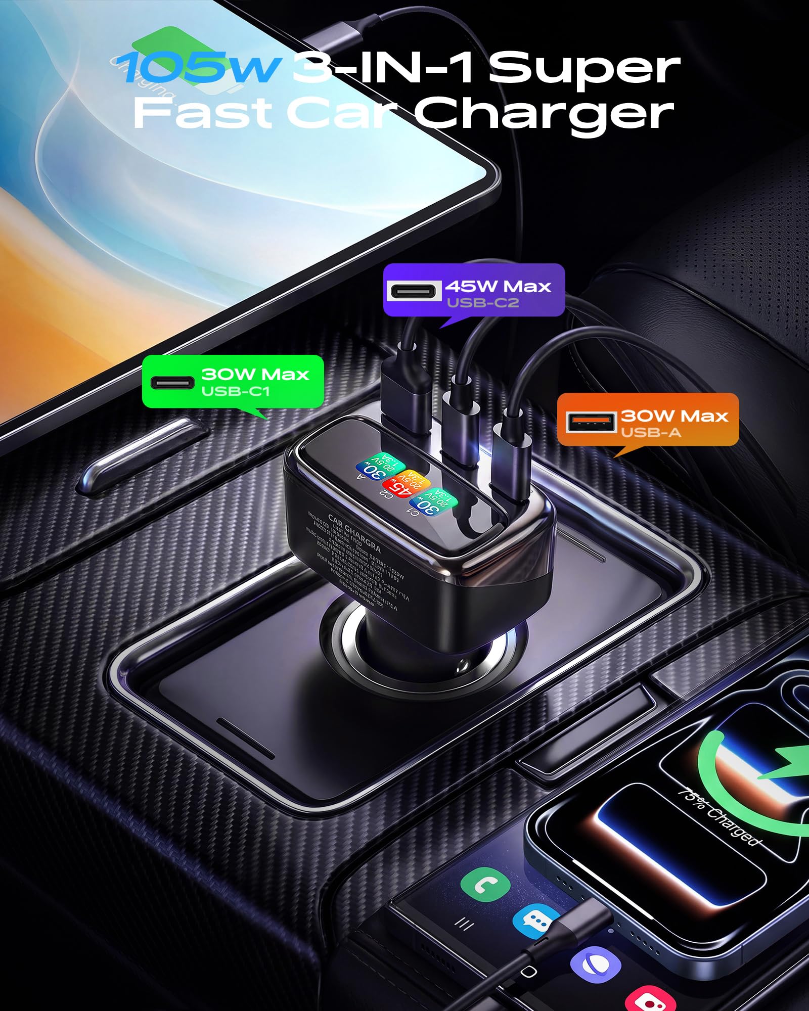 Chargeur de voiture USB C 105 W avec écran couleur numérique, adaptateur allume-cigare à 3 ports à charge rapide pour iPhone 17/16/15 Pro Max, Samsung S26, accessoires de voiture de voyage cadeaux