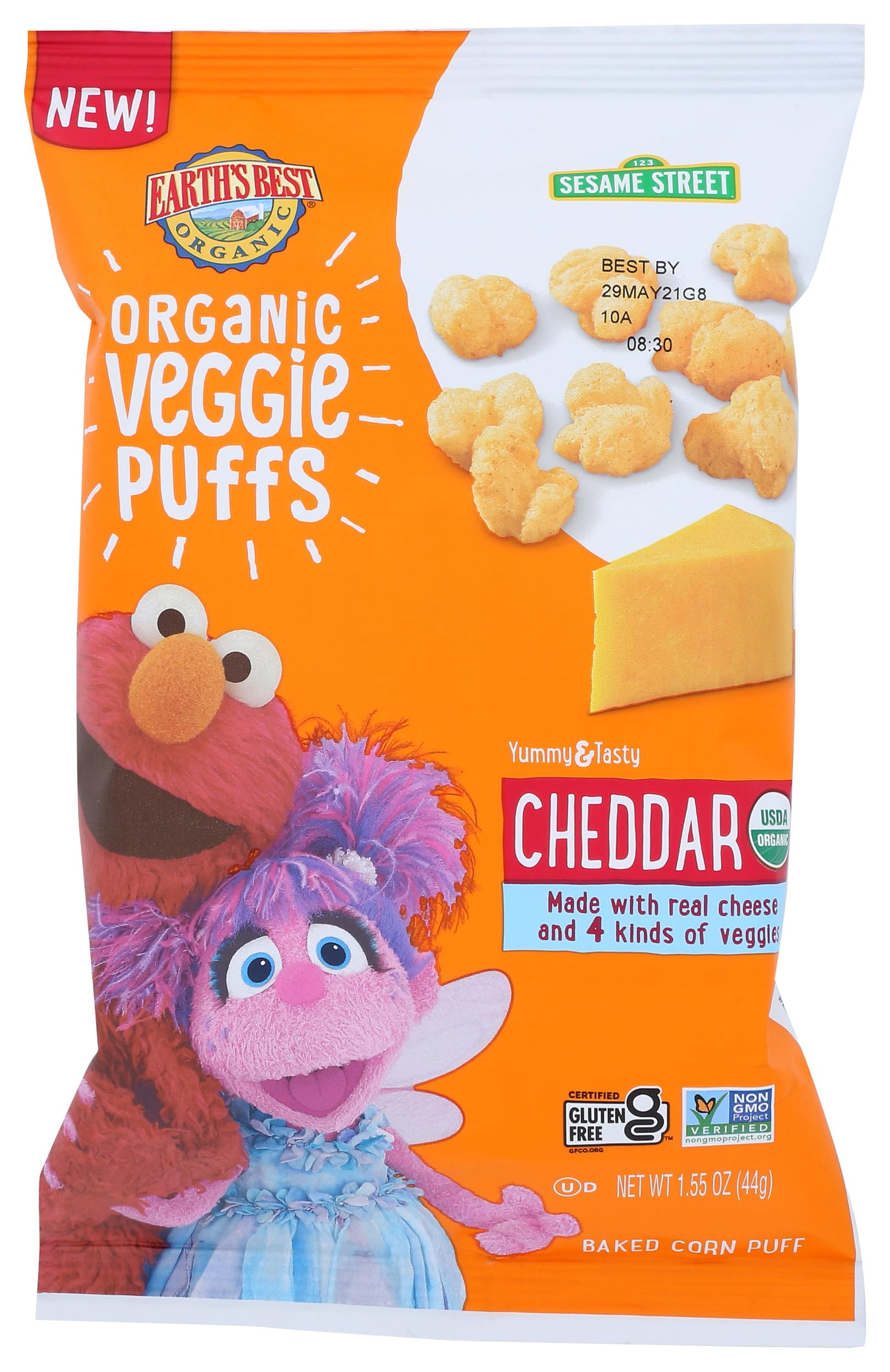 Organic Veggie Puffs for Toddlers 2 Years Old and Up, Cheddar Flavor, 1.55 Ounce Bag