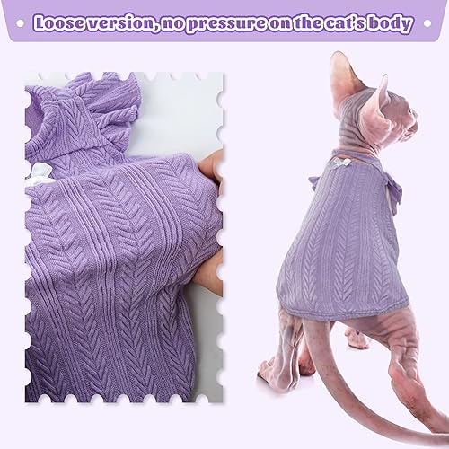 Miniatura 6 de DENTRUN Sphynx - Camisa de gatos sin pelo, ropa de gatito con mangas con volantes, transpirable, pijama para gatos, Púrpura